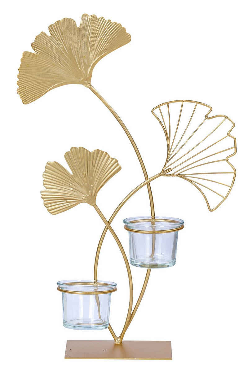 Levandeo® Teelichthalter, Teelichthalter H34cm Ginkgo Gold Metall Kerzenhalter Kerzenständer