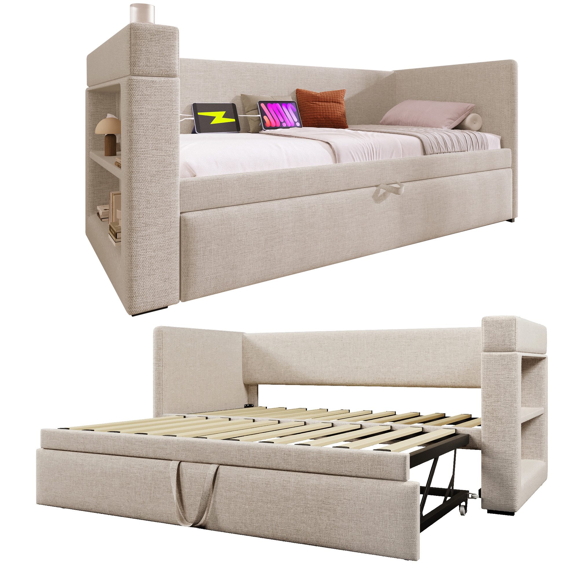 REDOM Polsterbett mit ausziehbarem Bett, Leinen-Baumwoll-Material günstig online kaufen