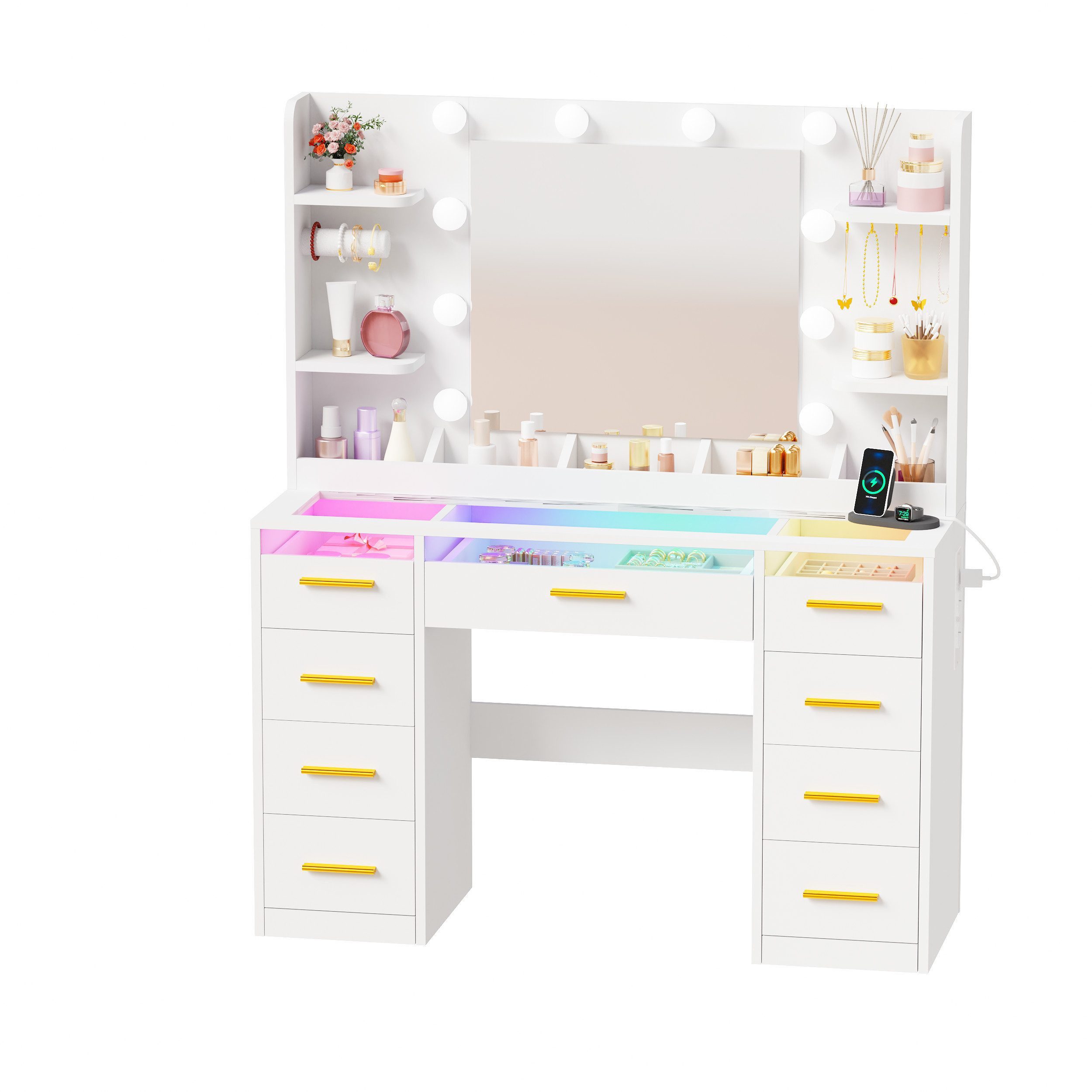 BEWISHOME Schminktisch mit Spiegel und LED-Beleuchtung, Glastischplatte und 9 Schubladen (1-St), integrierte Steckdose & USB, modern für Schlafzimmer