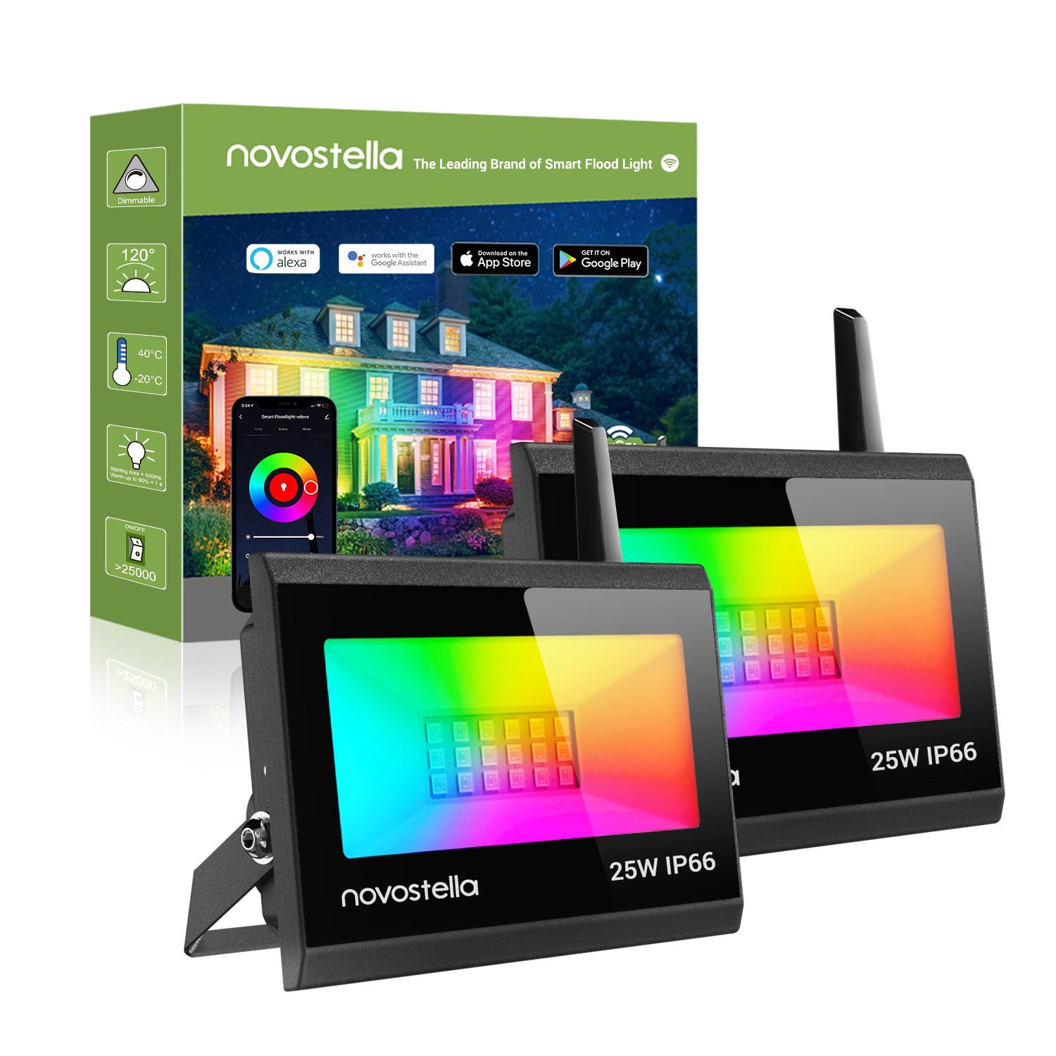 Novostella Strahler Smart 2er LED IP66, Wifi 25W NTF80, LED integriert, Flutlichtstrahler Fluter, Mehrfarbig, fest RGB