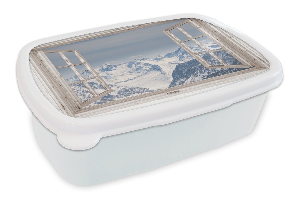MuchoWow weiß - Brotdose, Erwachsene, Kinder Mädchen Schnee, Brotbox und für (2-tlg), für Kunststoff, Aussicht Jungs - Berg und Lunchbox