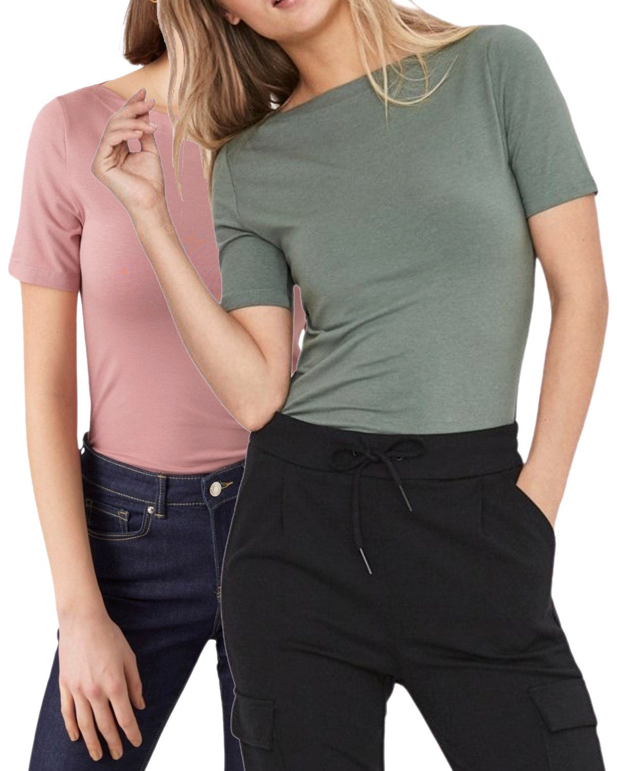 Vero Moda T-Shirt Stilvolles Damen-Shirt mit U-Boot Ausschnitt (2er-Pack) unifarbenes Oberteil aus Baumwollmischung, Größe XXL