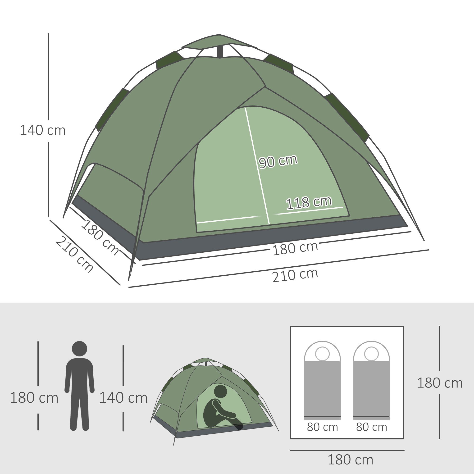 Outsunny Kuppelzelt Campingzelt, leicht, stabil, Familienzelt mit 1000mm Wassersäule, Personen: 2 (Campingzelt, 1 tlg., Tunnelzelt), für Garten, Balkon, Dunkelgrün
