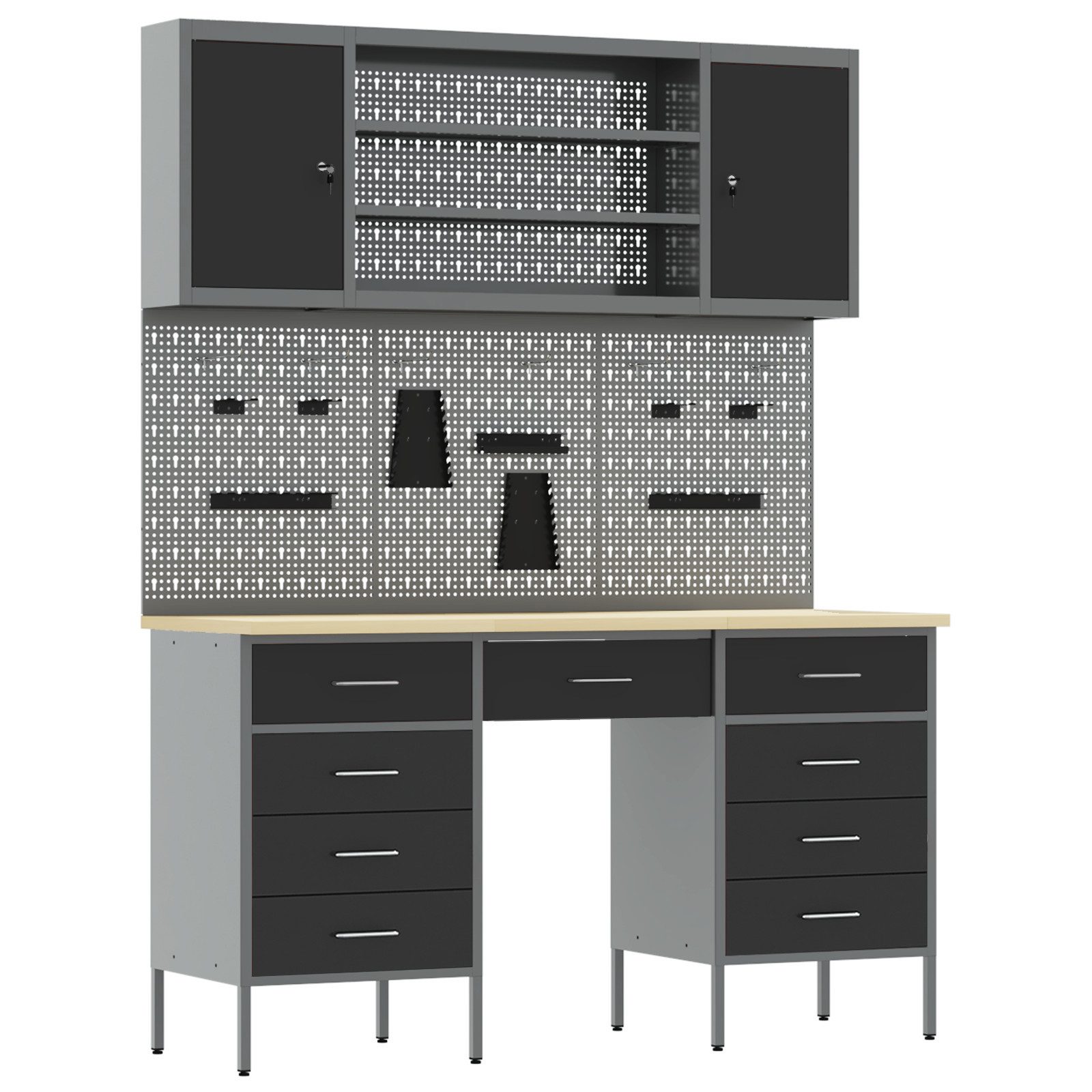 Werkbank 7-tlg. Werkstattschrank-Set mit Stecktafel Schwarz MDF Metall