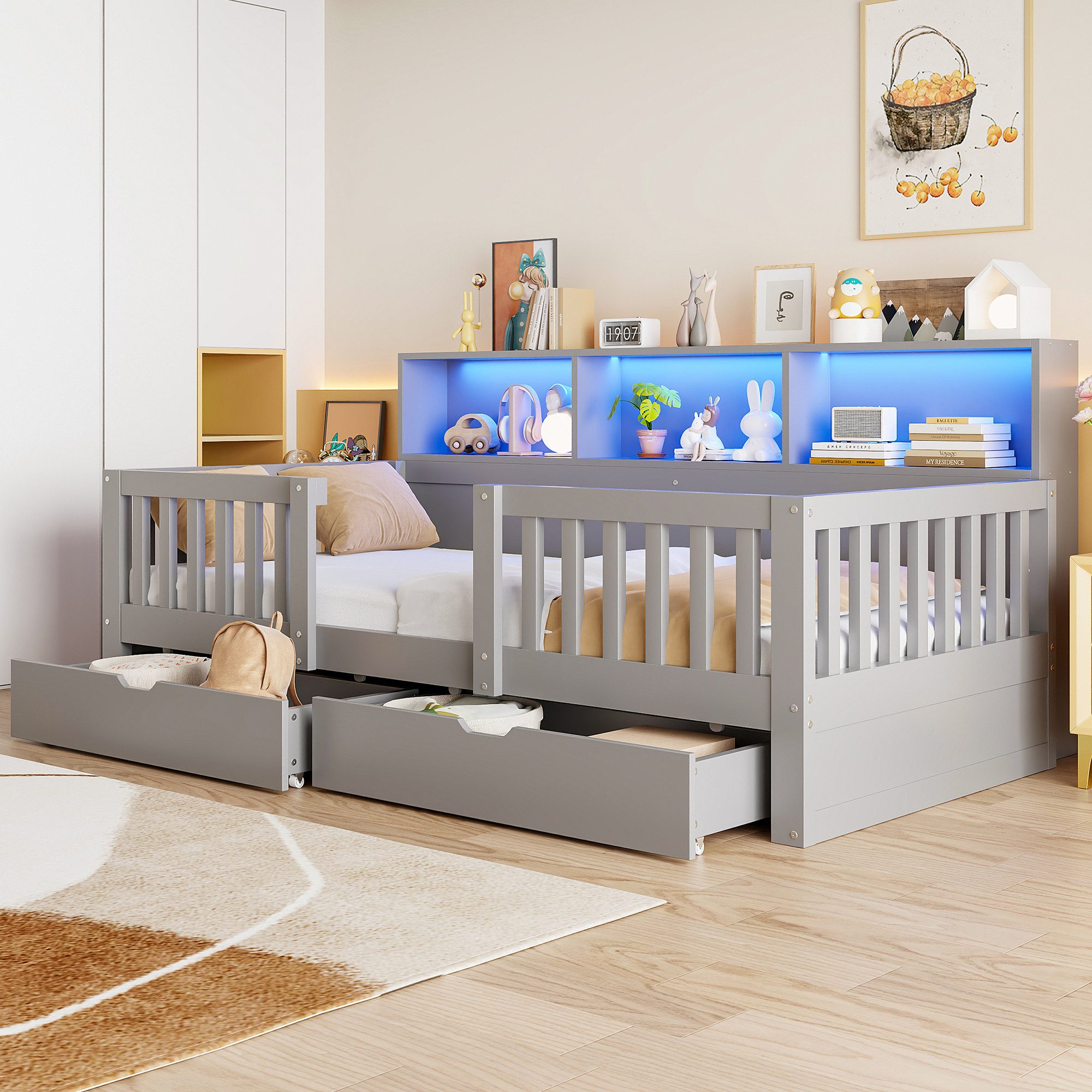 OKWISH Kinderbett Funktionsbett Holzbett (mit Stauraumschubladen und Ablageflächen), Stauraumbett, ohne Matratze