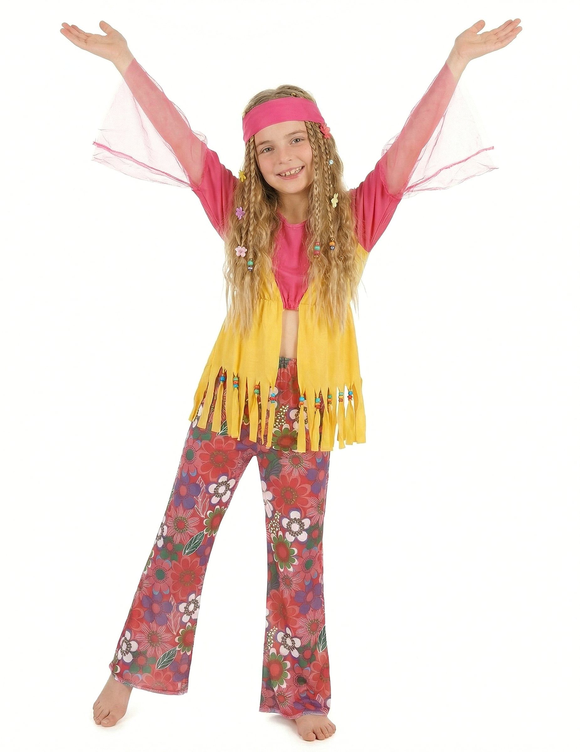 JADEO Kostüm Hippie Kinderkostüm Flower Power Mädchen pink-gelb