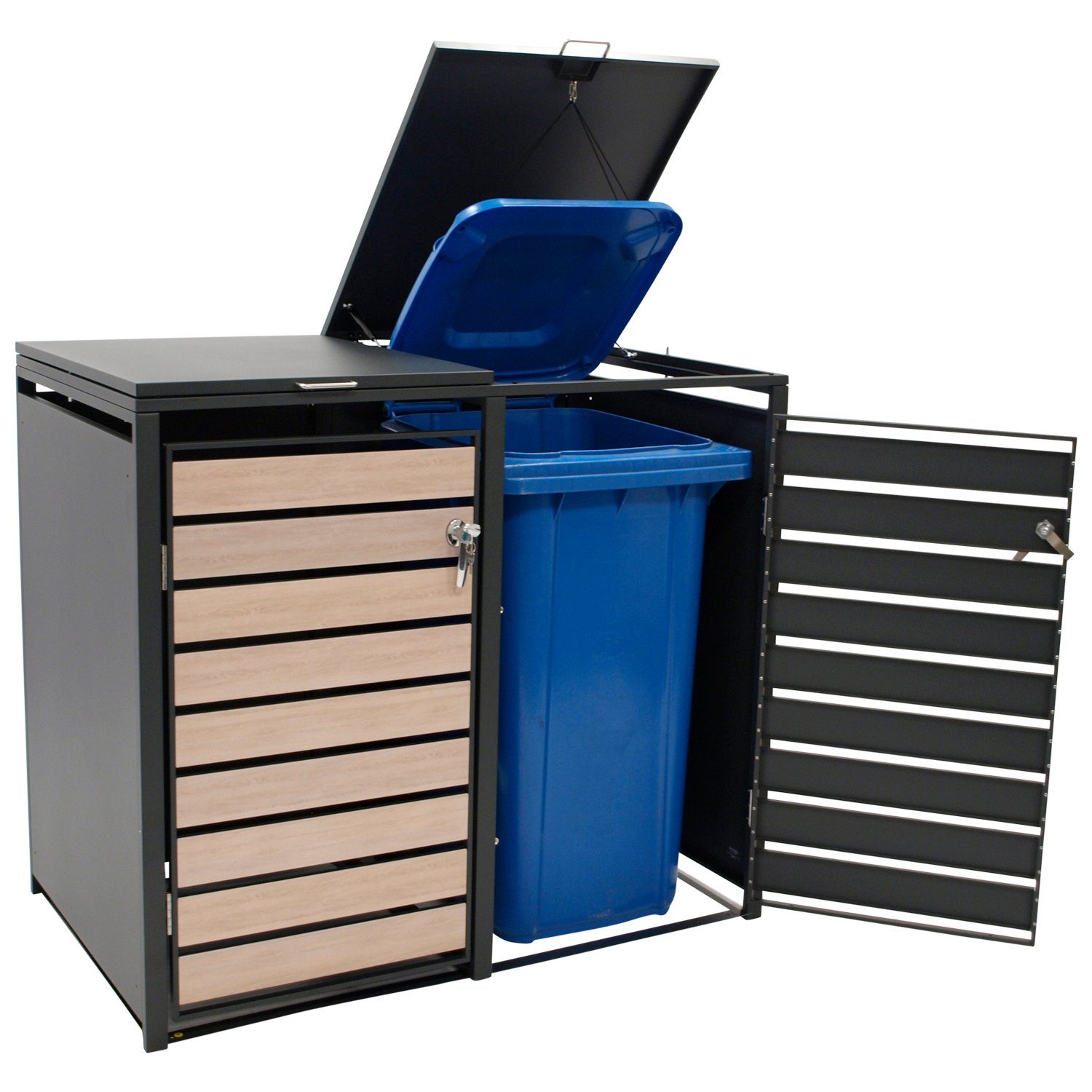 DEGAMO Mülltonnenbox BERLIN (1 St), Stahl grau, Türen in Holzoptik, für 2 Tonnen 120 oder 240 Liter
