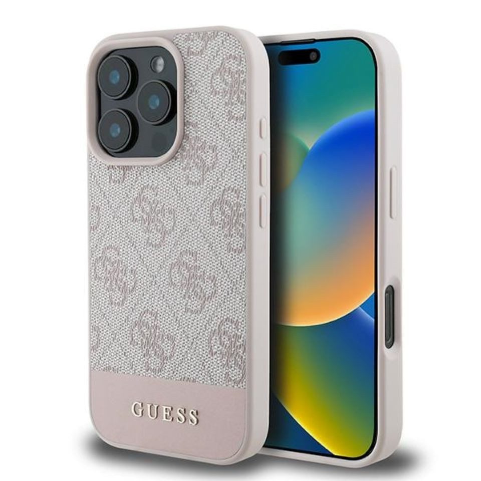 Guess Handyhülle iPhone 16 Pro Max Kunstleder rosa Muster mit goldfarbigen Logo 6,9 Zoll, Kantenschutz