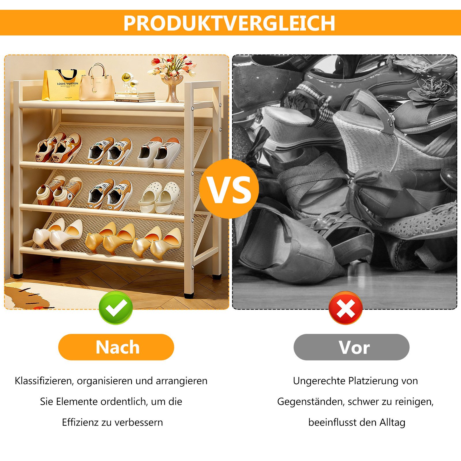 BlingBin Schuhregal 4 Ebenen Schuhaufbewahrung für Flur 50 cm, 1er Set 1-tlg., Schuhaufbewahrung Regal für Eingangsbereich, Flur, Studentenwohnheim