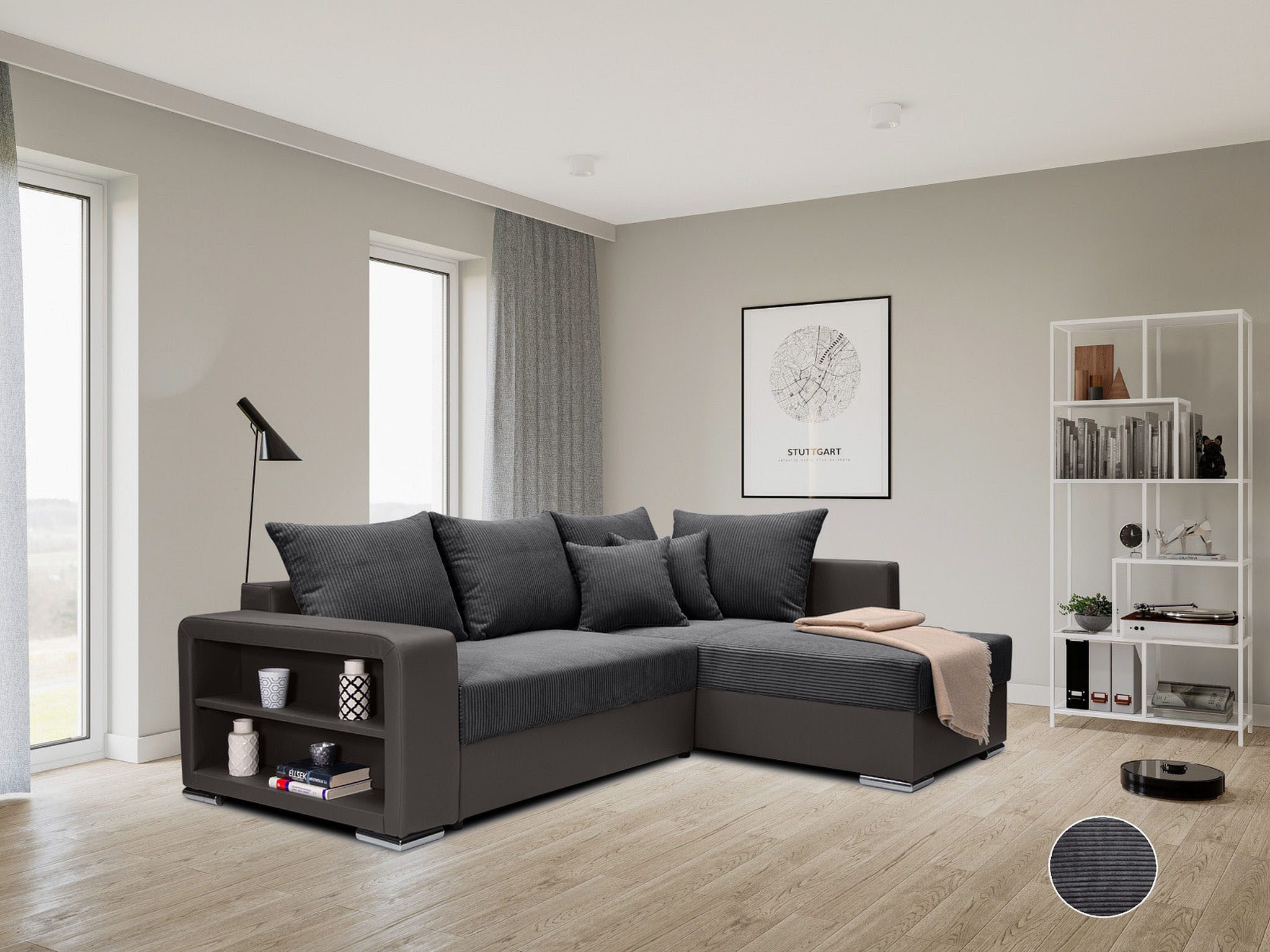 COLLECTION AB Ecksofa John L-Form, B: 226 cm, Schlaffunktion, Bettkasten, Regalelement & 2 Zierkissen