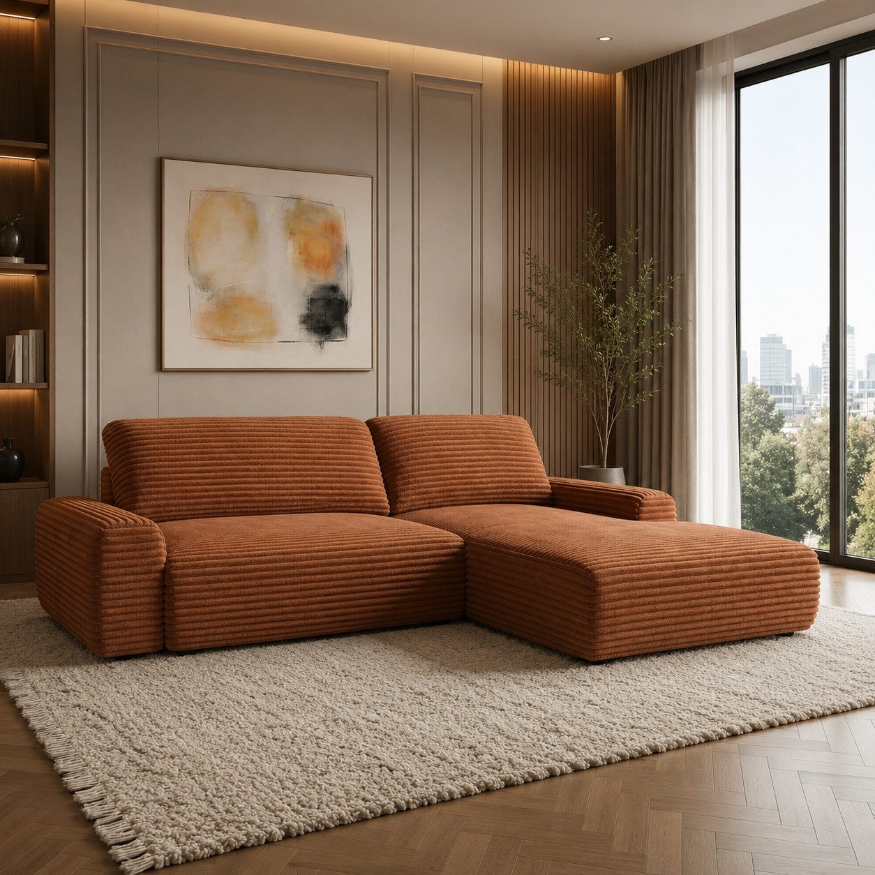 Goldstoff Ecksofa mit Schlaffunktion und Bettkasten, Cord Sofa - Modernes Schlafsofa, L-Form Schlafsofa mit Schlaffunktion und Bettkasten, moderner Cordstoff 2 Teile, pflegeleichtes Cordsofa mit Schlaffunktion in ziegelrot