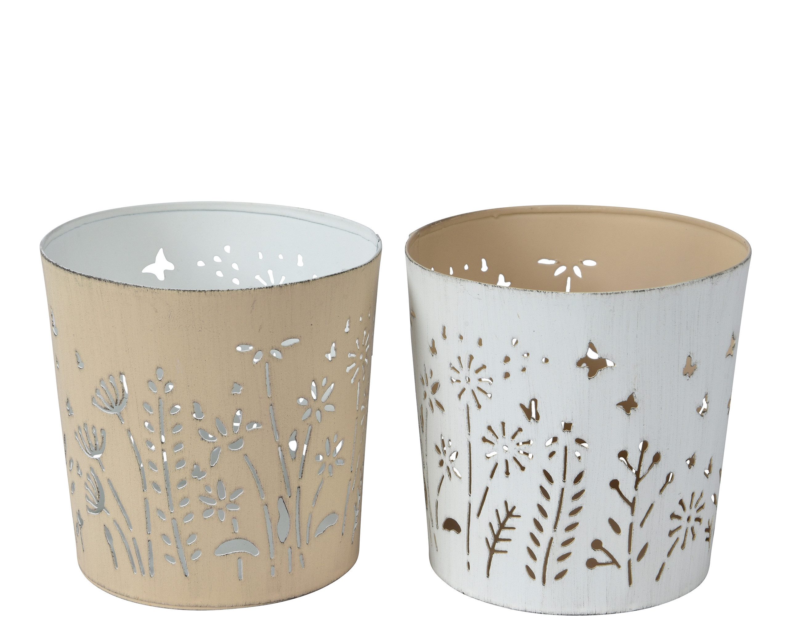 Decoris season decorations Kerzenhalter, Teelichthalter Metall mit Blumen 8x8cm weiß / creme 1 Stück sortiert
