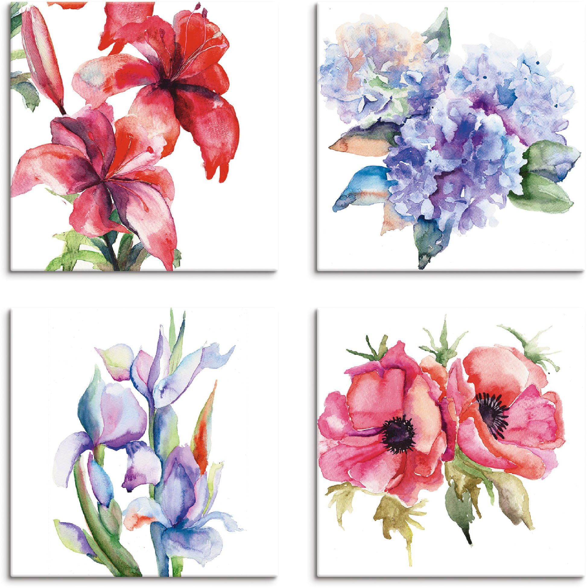 Lilien verschiedene Set, 4er Größen Leinwandbild Hortensien, Mohnblumen St), Iris Blumen Artland (4