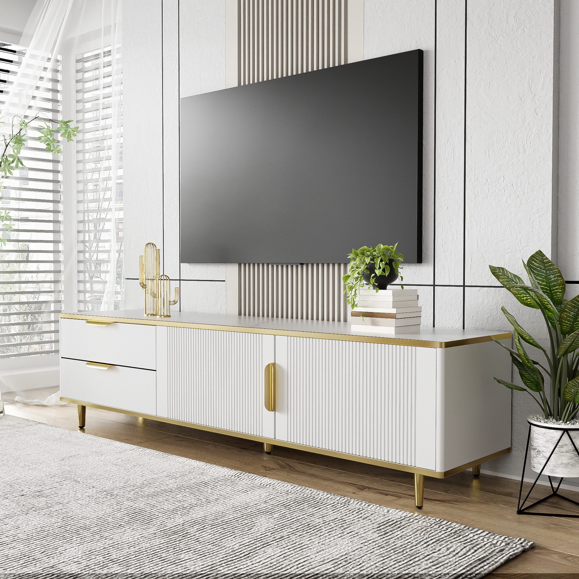 REDOM Lowboard TV-Schrank mit Stauraum, modern und elegant, in Weiß und Gold (Fernsehtisch, TV-Board mit Marmorstruktur, 170 cm breit), geschnitzter Textur,goldenen Griffen und Füßen