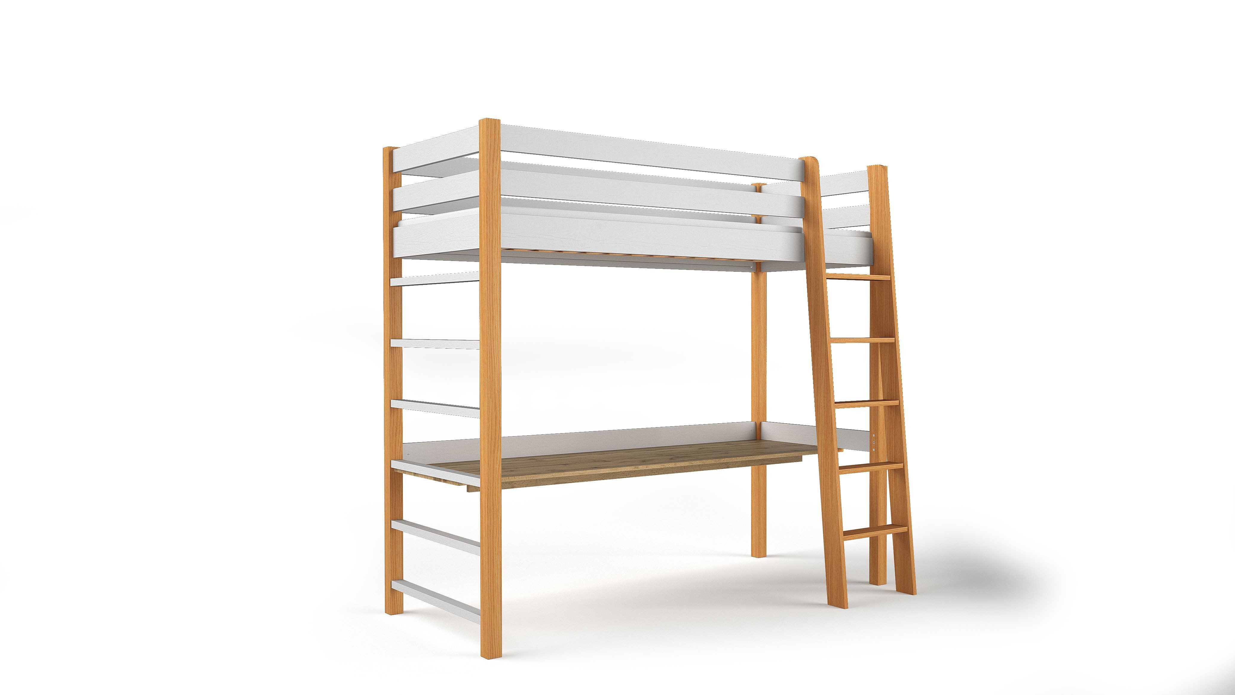 99rooms Kinderbett Kiro I (Kinderbett, Bett), Modern, Etagenbett, Kiefer, mit Schreibtisch, Matratze und Lattenrost