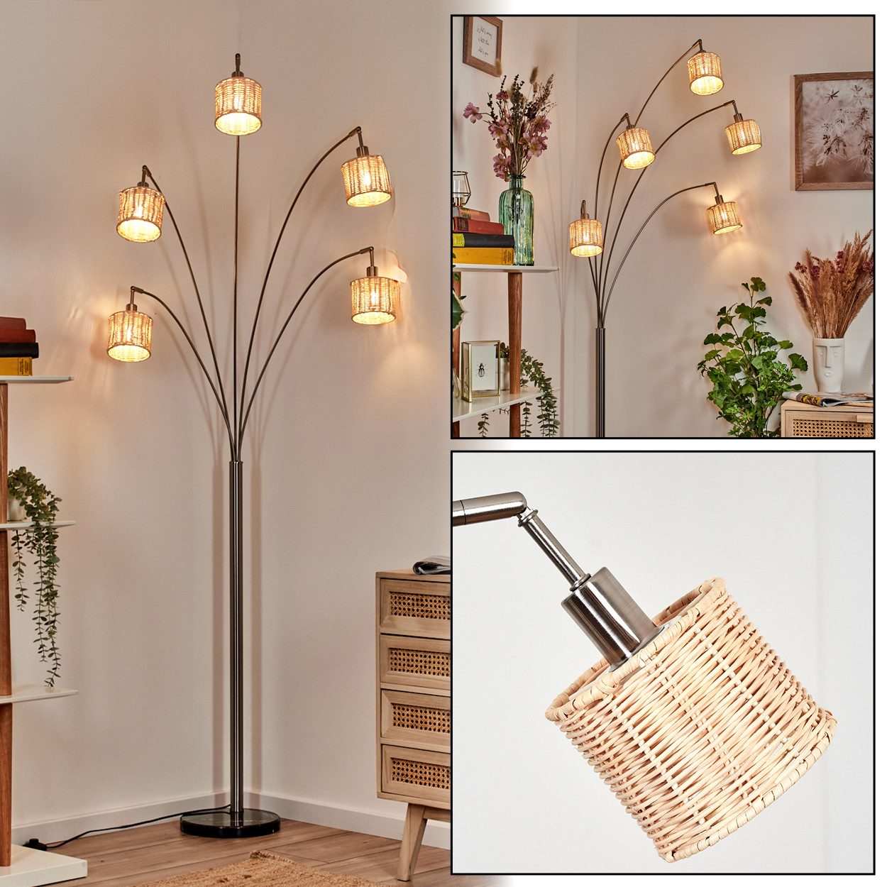 hofstein Stehlampe Stehlampe aus Metall/Rattan in Schwarz/Nickel-matt/Naturfarben, ohne Leuchtmittel, moderne Stehleuchte verstellbar mit Marmorfuß und Fußschalter, E14