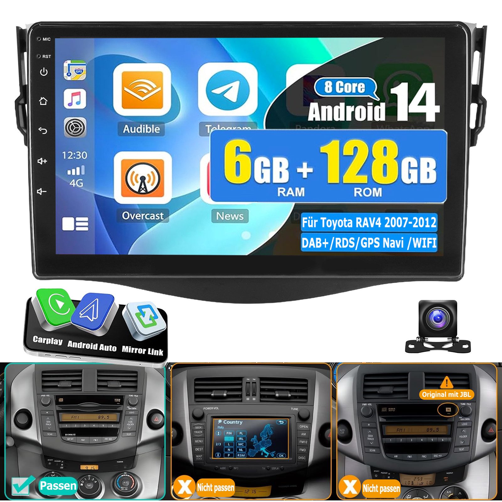 DAB+ 6+128G Android 15 Autoradio Für Toyota RAV4 2007-12 Carplay GPS Autoradio