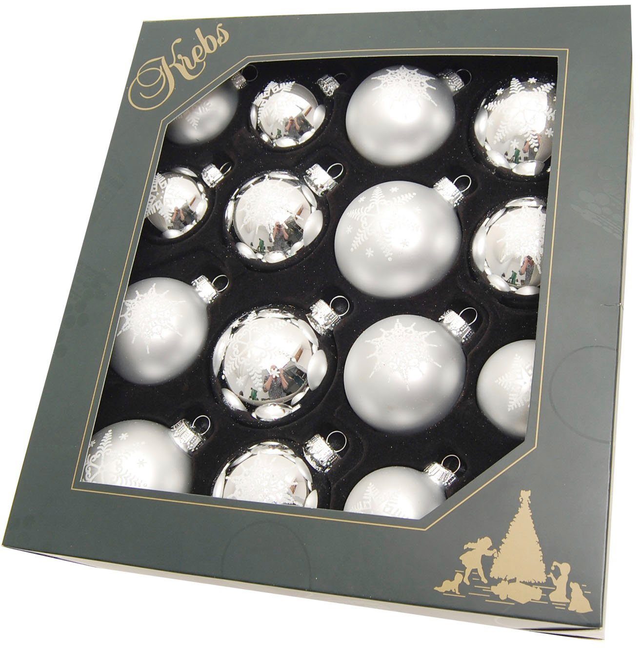 Krebs Glas Lauscha Weihnachtsbaumkugel Schneeflocke silberfarben (16 St), Weihnachtsdeko, Christbaumschmuck, Christbaumkugeln aus Glas