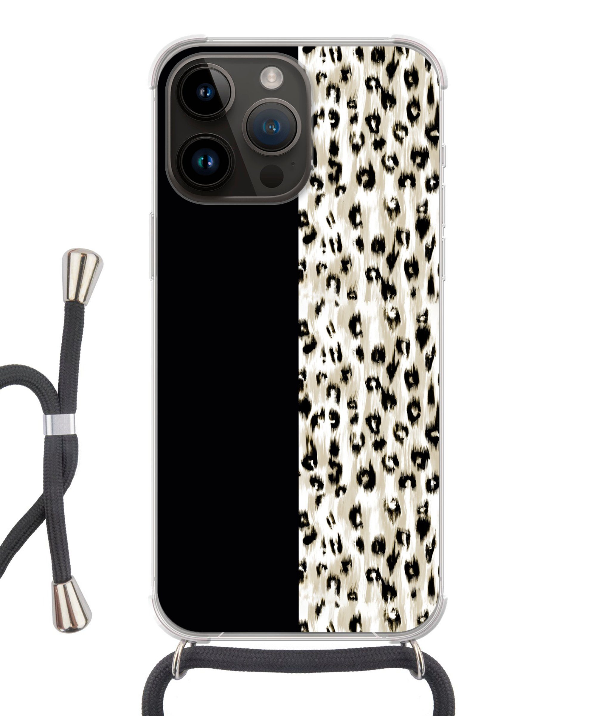 MuchoWow Handyhülle für Apple iPhone 14 Pro Pantherdruck - Pelz - Tier, Tragbare Handyhüllen mit Kette zum umhängen, Handykette Handyband