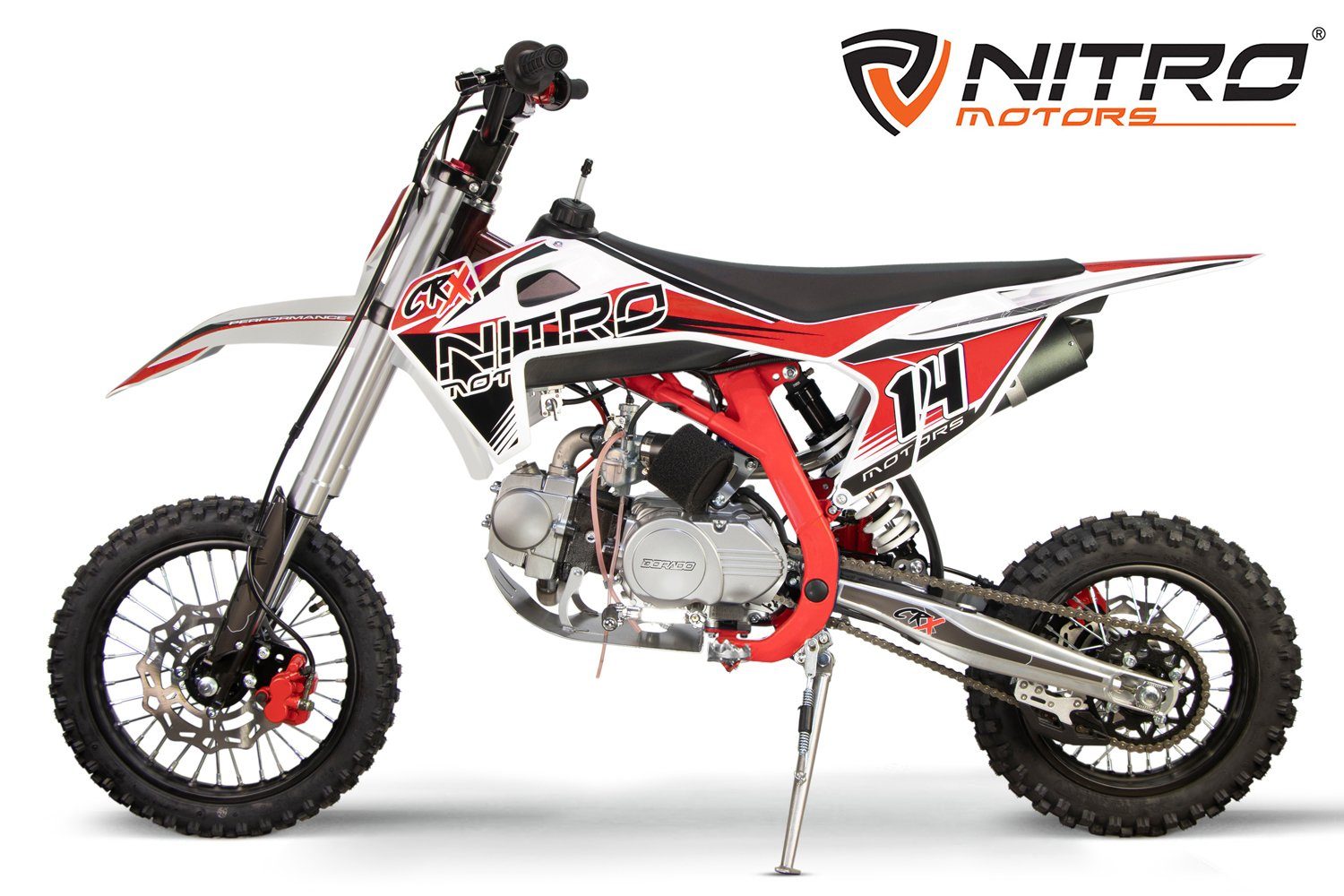 Nitro Motors Dirt-Bike 125cc Dirtbike 14/12" Kickstarter 4-Gang Manuell Pitbike Crossbike, 4 Gang