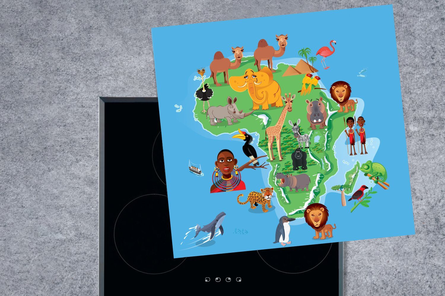 Karte tlg), 78x78 Herdblende-/Abdeckplatte Five, mit cm, MuchoWow Arbeitsplatte für (1 von einer küche den Vinyl, Ceranfeldabdeckung, Eine Afrika Big Illustration