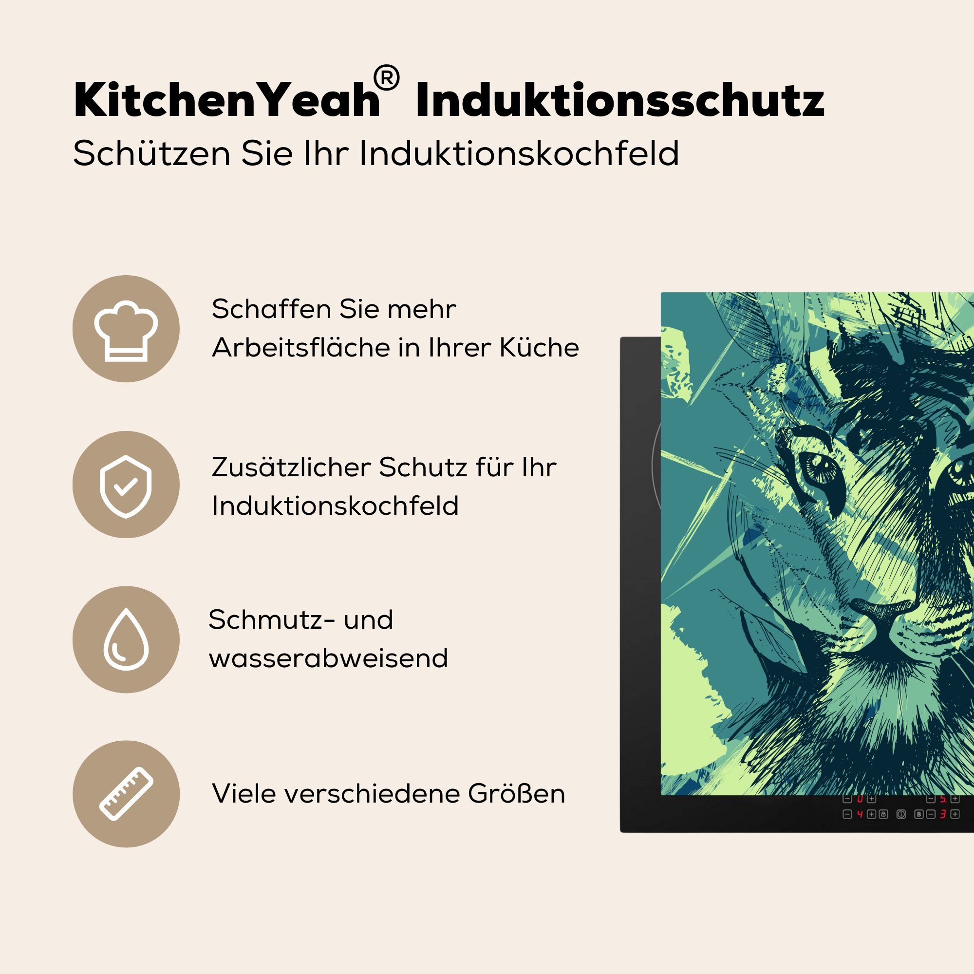 MuchoWow Abstrakt, (1 für Arbeitsplatte Herdblende-/Abdeckplatte 78x78 tlg), Ceranfeldabdeckung, cm, Vinyl, Grün - Tiger - küche
