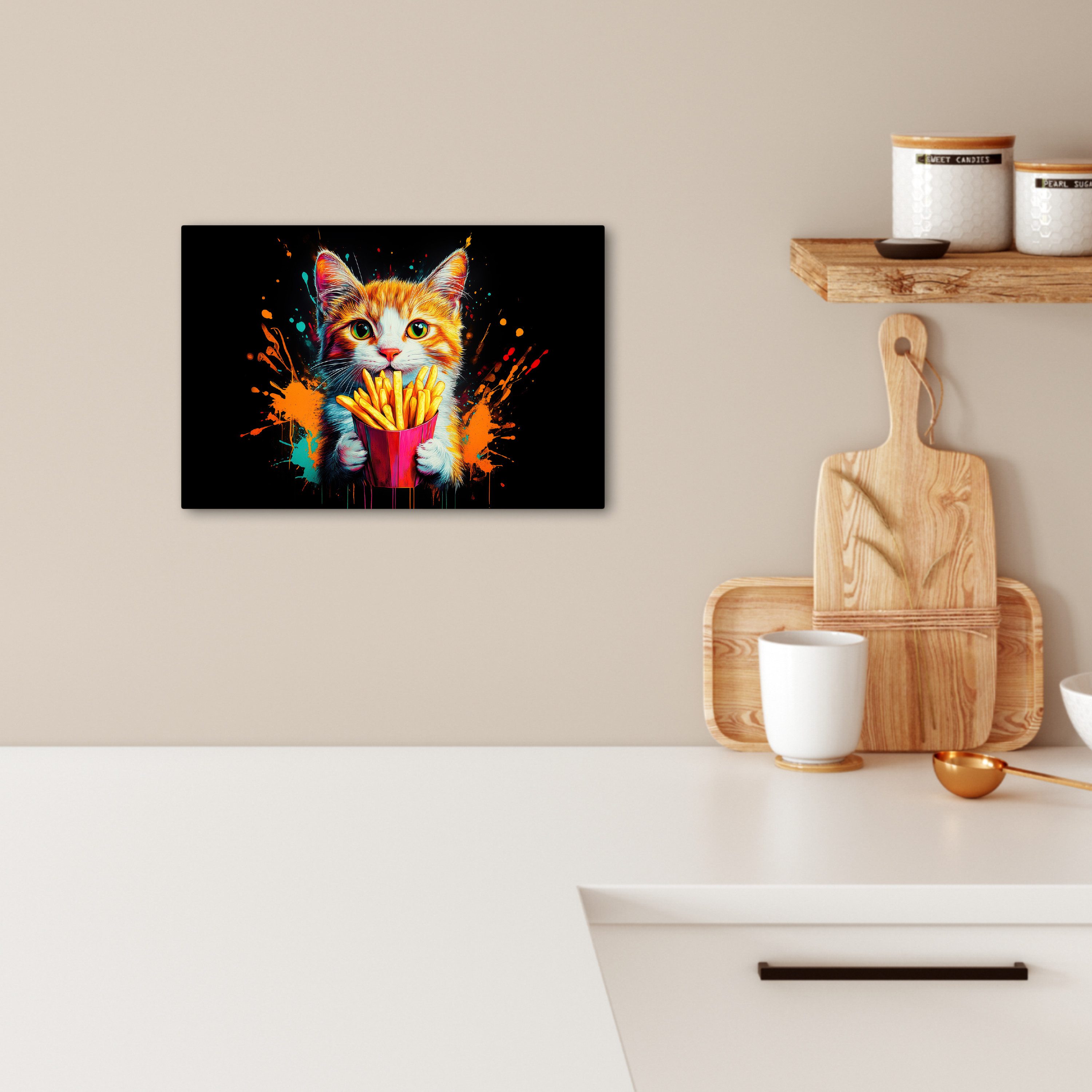 OneMillionCanvasses® Leinwandbild Katze - Essen - Pommes frites - Graffiti günstig online kaufen