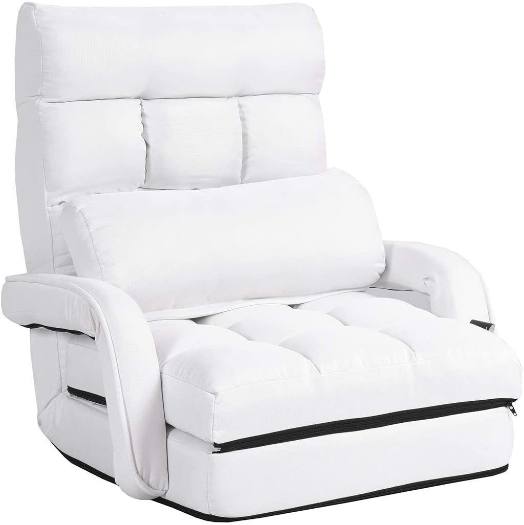 COSTWAY Relaxsessel Liegebett, verstellbar, klappbar, mit Armlehnen&Kissen Weiß