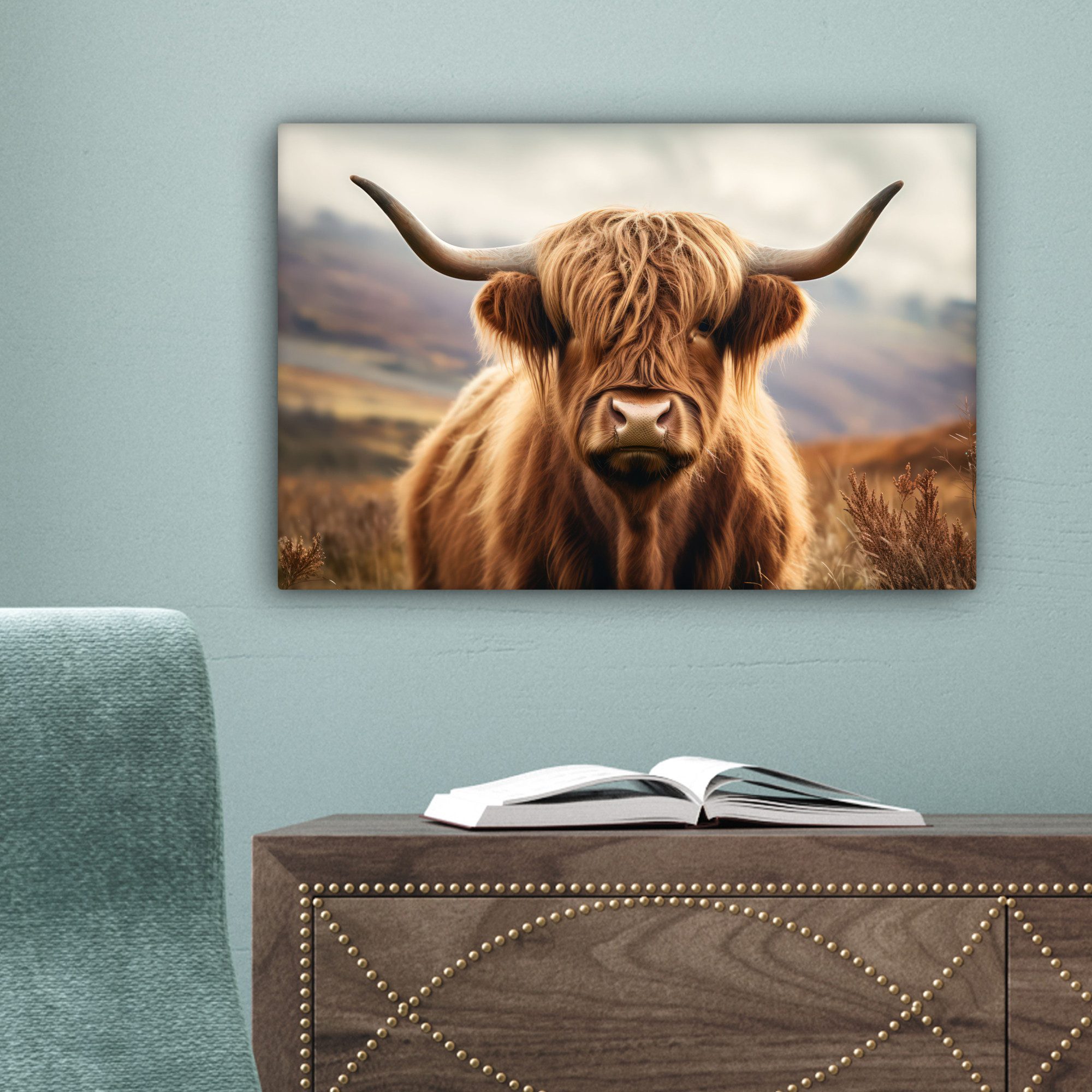 OneMillionCanvasses® Leinwandbild Schottische Highlander - Landschaft - Tier, Fotodruck (1 St), Leinwand Bilder Klein, Wand Dekoration Aesthetic 30x20 cm