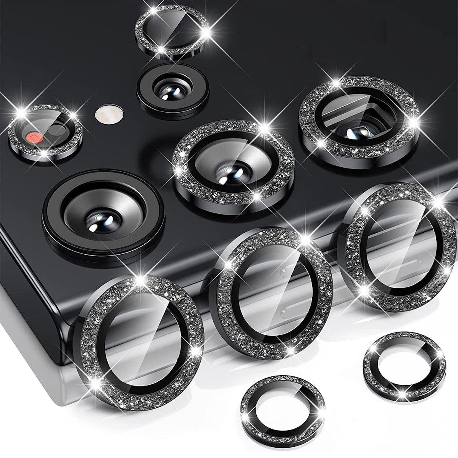 Wigento Handyhülle Für Samsung Galaxy S25 Ultra Aluminium Glitzer Ring Kamera + Hart Glas, Kameralinsenschutz mit Metallring, gehärtetes Glas