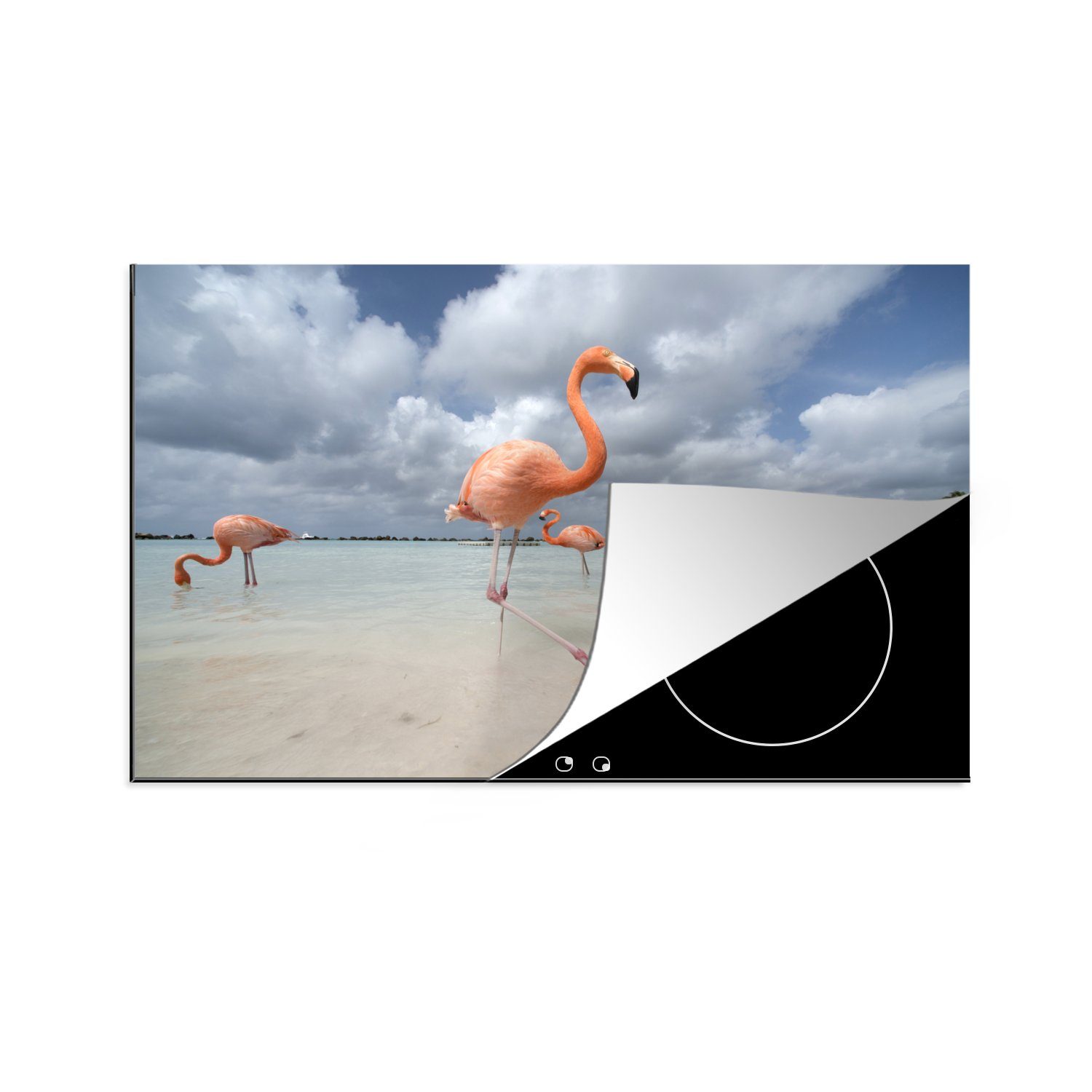 MuchoWow Herdblende-/Abdeckplatte Flamingos am Flamingo-Strand in Aruba, Vinyl, (1 tlg), 81x52 cm, Induktionskochfeld Schutz für die küche, Ceranfeldabdeckung