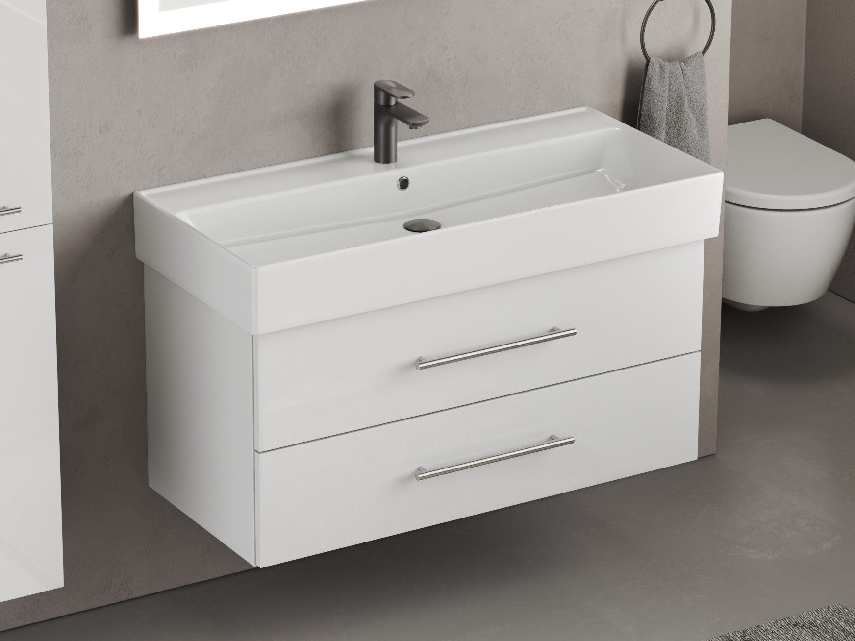 Aputure Badmöbel-Set Aqua Bagno Flex Badmöbel 100 cm Weiß Hochglanz mit Keramikwaschbecken, (vormontiert, 2-St., Badmöbelschrank lackiert, Keramikwaschbecken), einfache Montage, Skandi