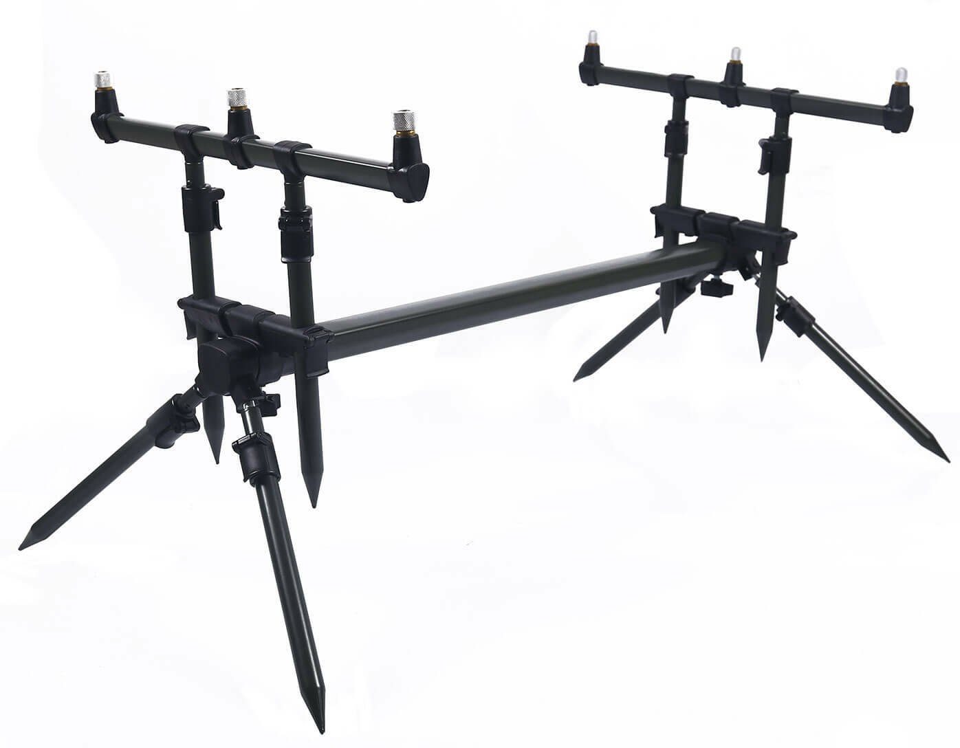 MK Angelsport MK Solid Alu Rod Pod mit variabler Buzzerbar Rutenhalter, (Variable Größe: L:90-125 cm H:40-50cm, Breite:43cm // Inkl. 3er Buzzerbar // Material: Alu mit grüner Beschichtung // besonders stoßfest // Transporttasche für Rod Pod im Lieferumfang enthalten)