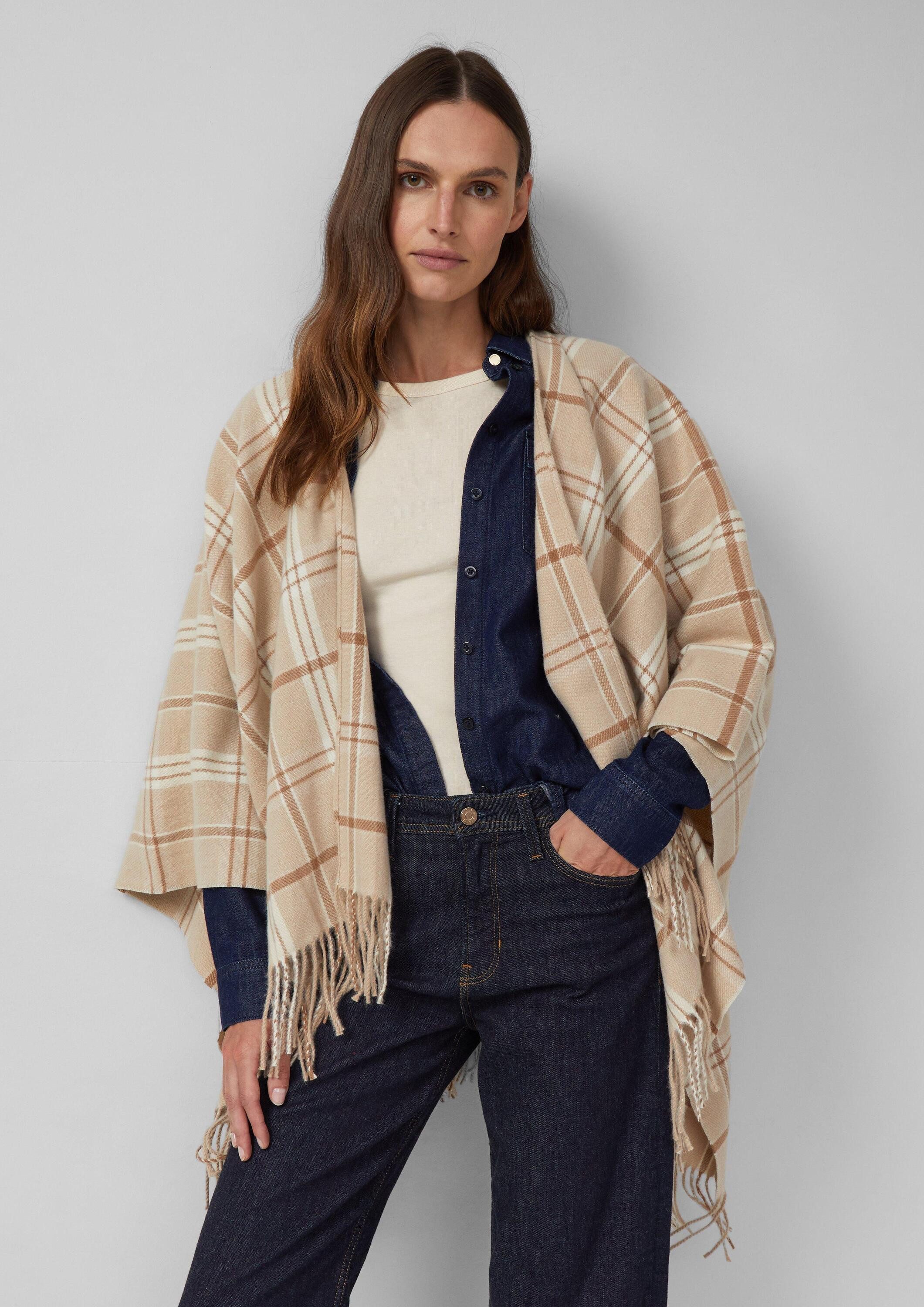 s.Oliver Poncho Indoor-Poncho Karierter Poncho mit Fransen