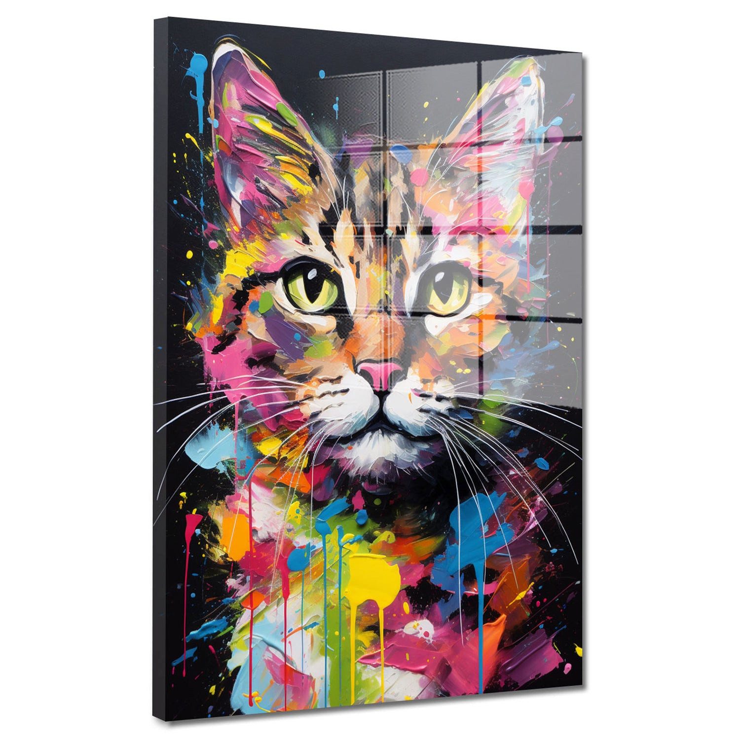 Artedinoi Acrylglasbild Katze Acrylglasbild Wandbild Pop Art Bunt Colour Tier Deko XXL, Katzenportrait im farbstarken Pop-Art-Stil mit ausdrucksstarkem Blick.