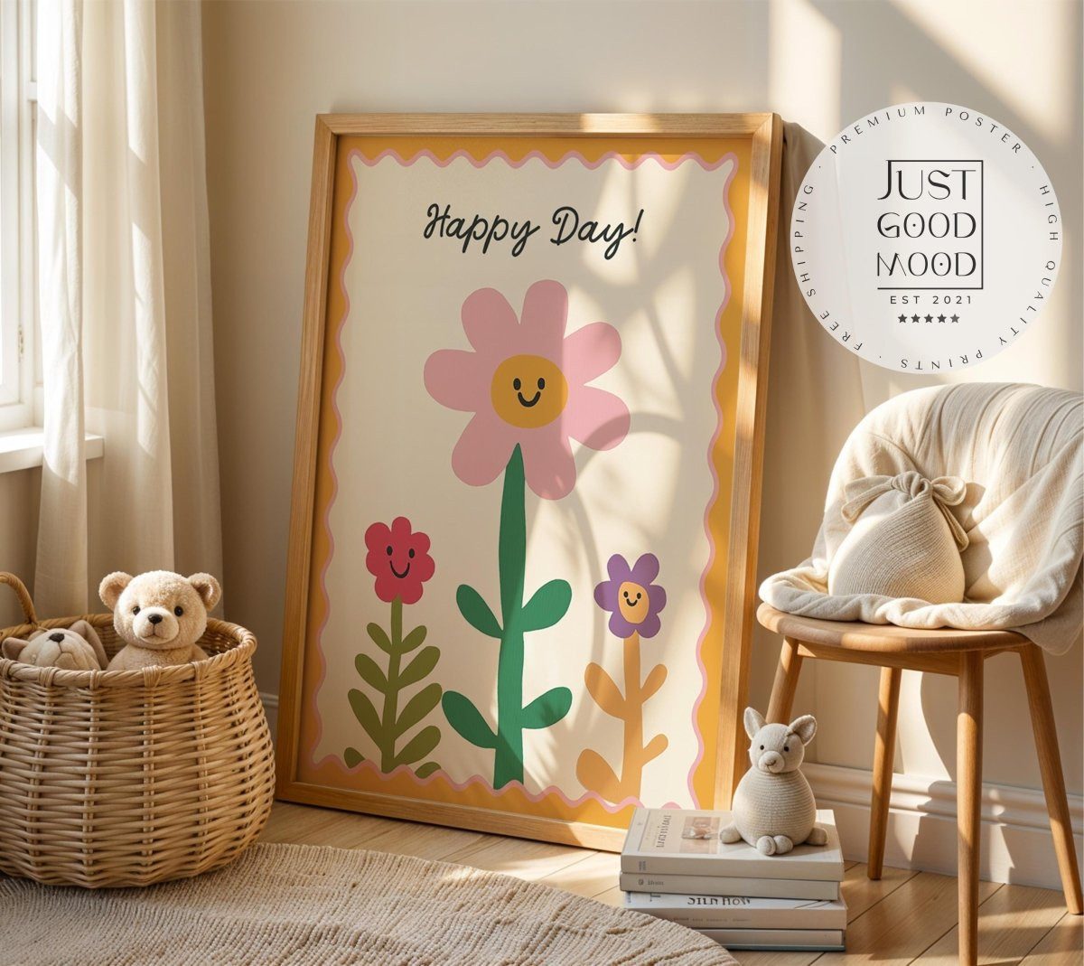 JUSTGOODMOOD Poster Kinderzimmer Blumen Happy Day Schriftzug Fröhliche Blumendeko in Paste, (1 St)