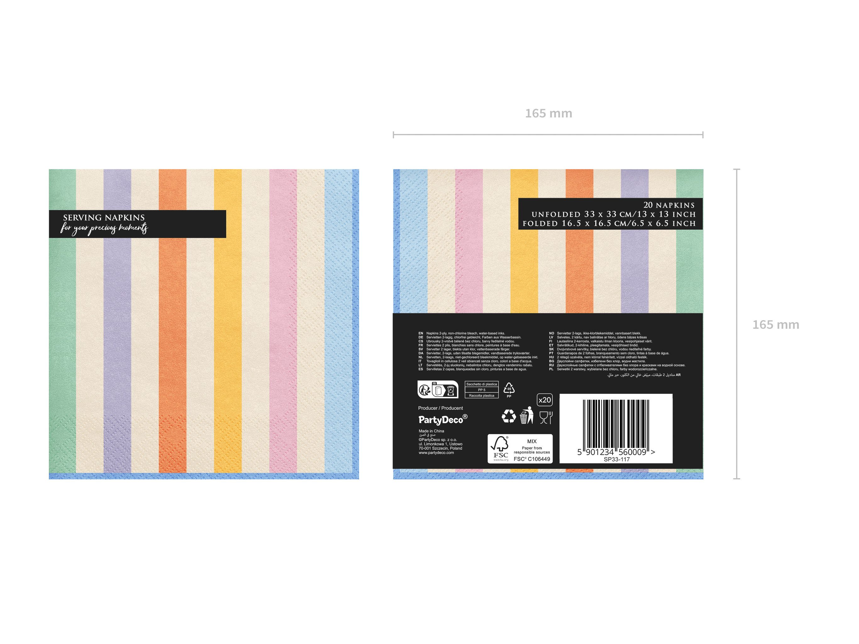 partydeco Papierserviette, Servietten Papier 33x33cm 2-lagig 20 Stück Streifen Muster Bunt