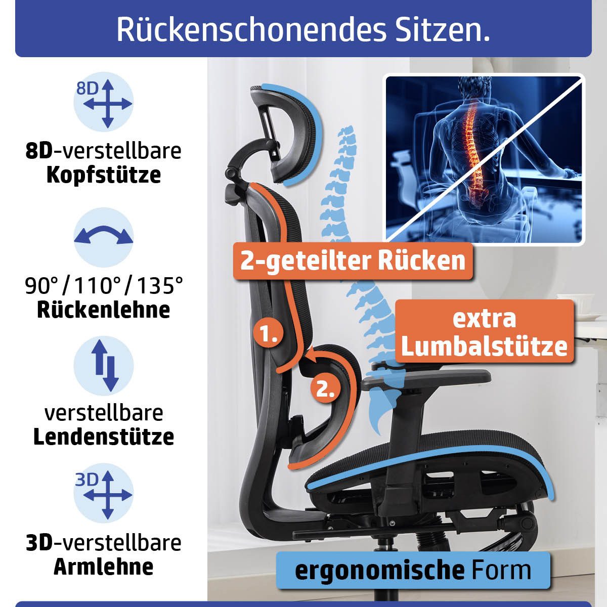 AMBINESS Bürostuhl Schreibtischstuhl, verstellbare Armlehnen & Kopfteil, 6 günstig online kaufen