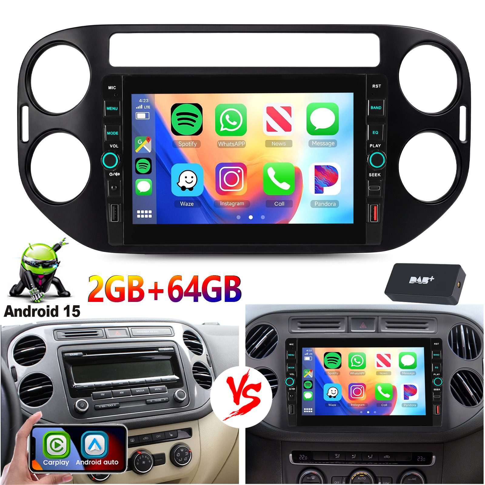 ESSGOO 8'' Android 15 Autoradio Carplay WiFi Navi für VW Tiguan 5N Golf Plus Autoradio (RDS, 4+64GB(optional), DAB (optional), FM, DAB+ (optional)