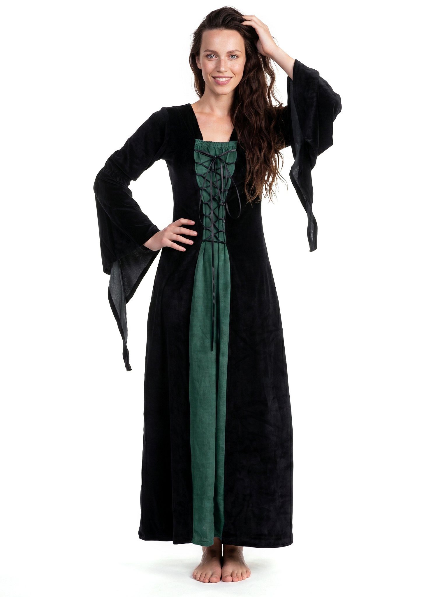 Metamorph Hexen-Kostüm Burgherrin Samtkleid schwarz-grün, Hochwertige und authentische Mittelalterkleidung zu unschlagbar günst