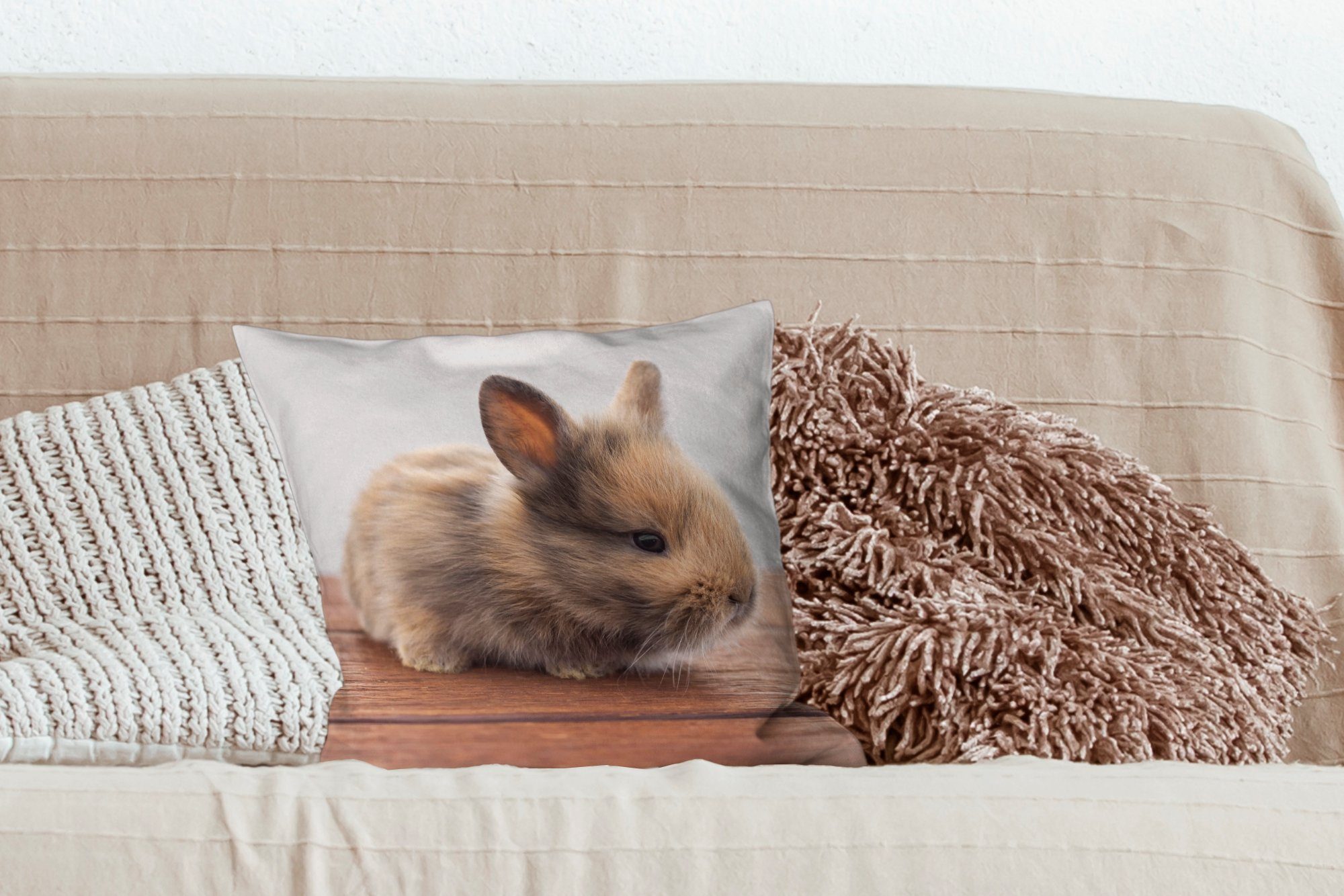 Wohzimmer, MuchoWow - Sofakissen Kaninchen Dekokissen Holz, Baby Schlafzimmer, Zierkissen für Deko, - mit Füllung