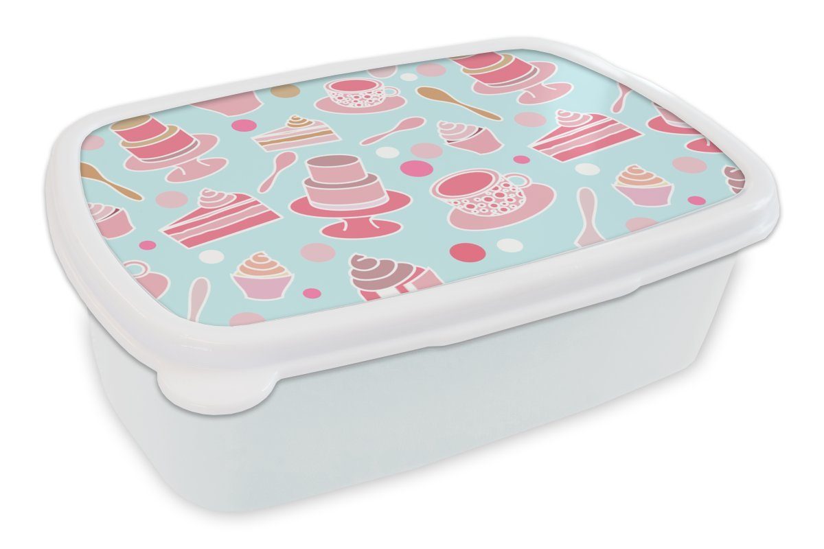 MuchoWow Lunchbox Torte - Tee - Cupcake - Rosa - Design, Kunststoff, (2-tlg), Brotbox für Kinder und Erwachsene, Brotdose, für Jungs und Mädchen weiß