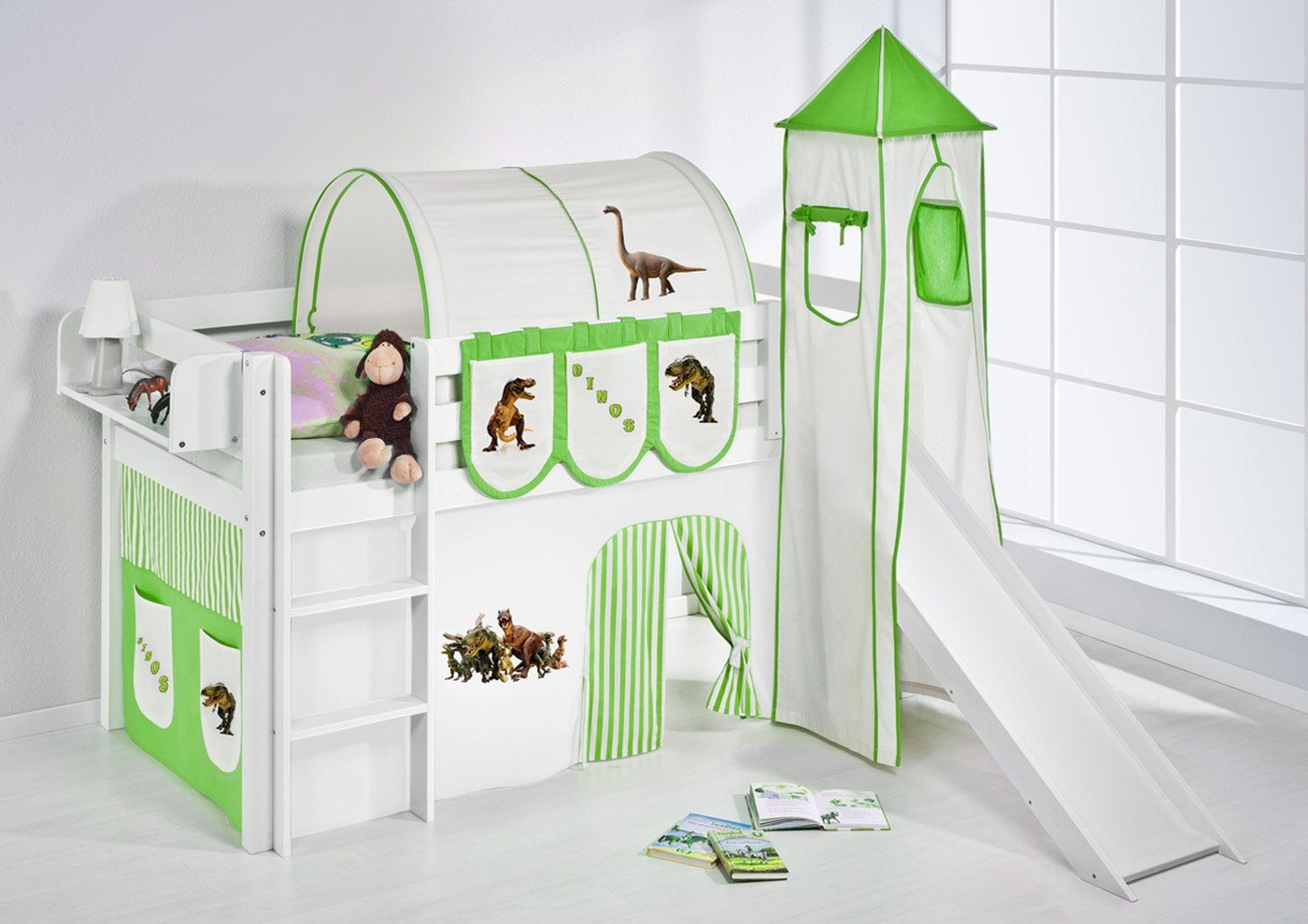 Lilokids Hochbett Spielbett JELLE Dinos - Hochbett - mit Turm, Rutsche und günstig online kaufen
