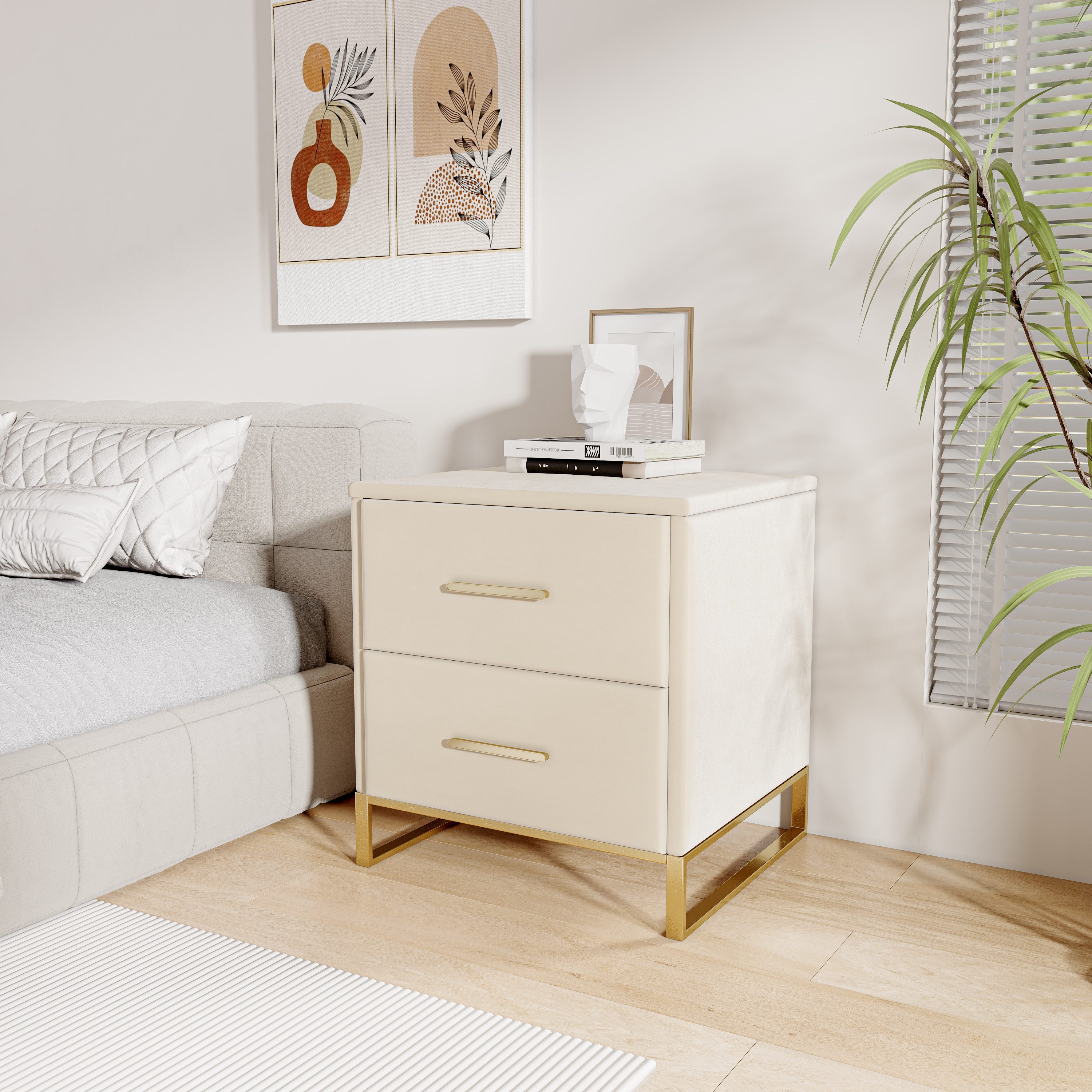 FUROKOY Nachttisch 2er set Nachtschrank mit Schubladen, Beistelltisch mit Metallbeine (Sofatisch Beistelltisch mit 2 Schubladen, Beige Samt), Schubladenschrank  – Bild 3 von 5