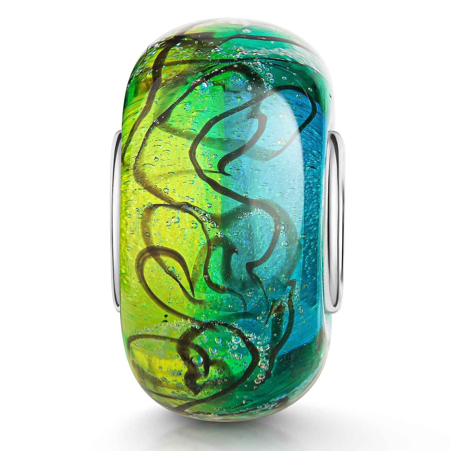 Materia Bead Glas Charm mit Linie Gelb Blau Grün 1021, Hülse aus 925 Sterling Silber