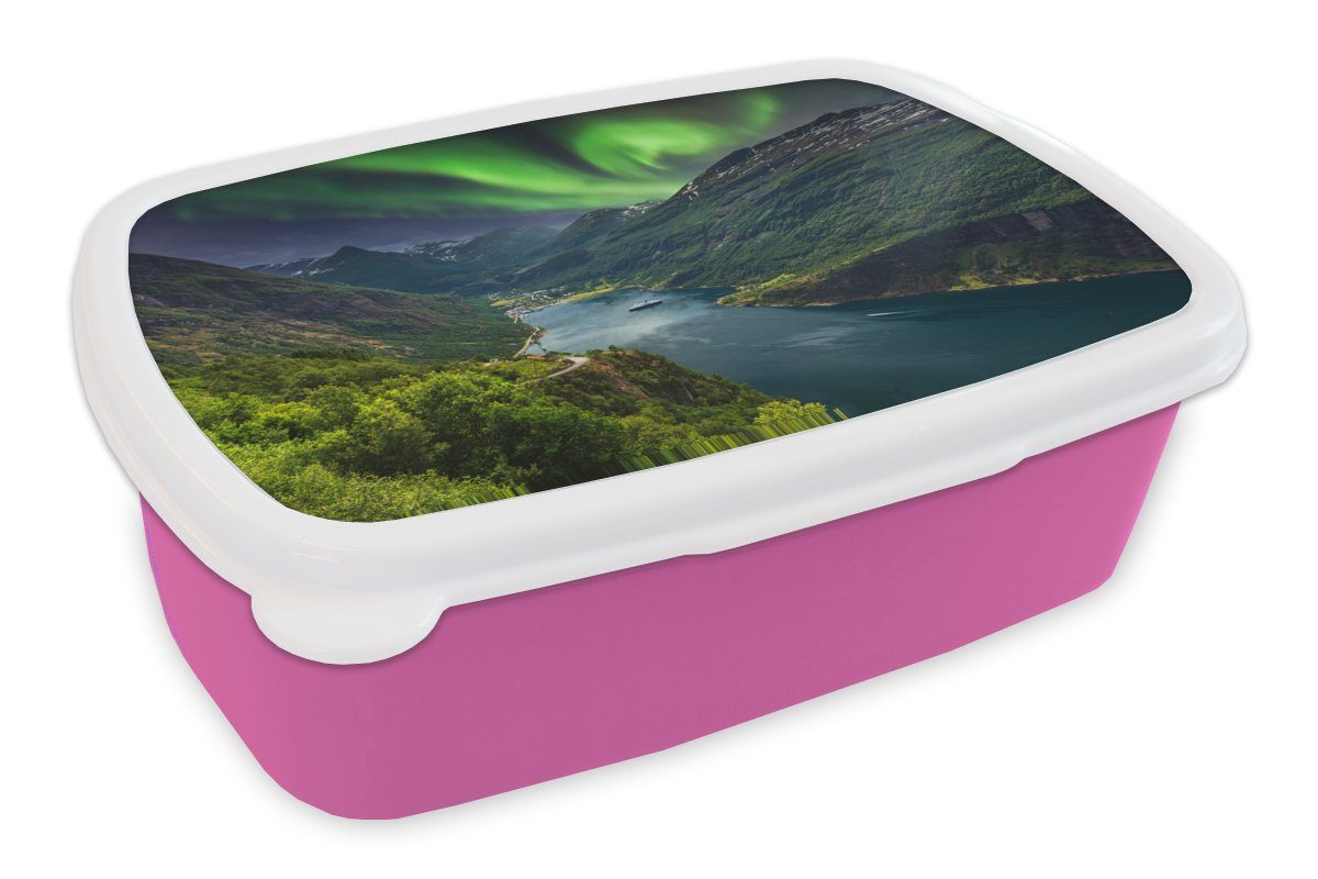 MuchoWow Lunchbox Nordlichter - Berg - Boot - Norwegen, Kunststoff, (2-tlg), Brotbox für Erwachsene, Brotdose Kinder, Snackbox, Mädchen, Kunststoff rosa