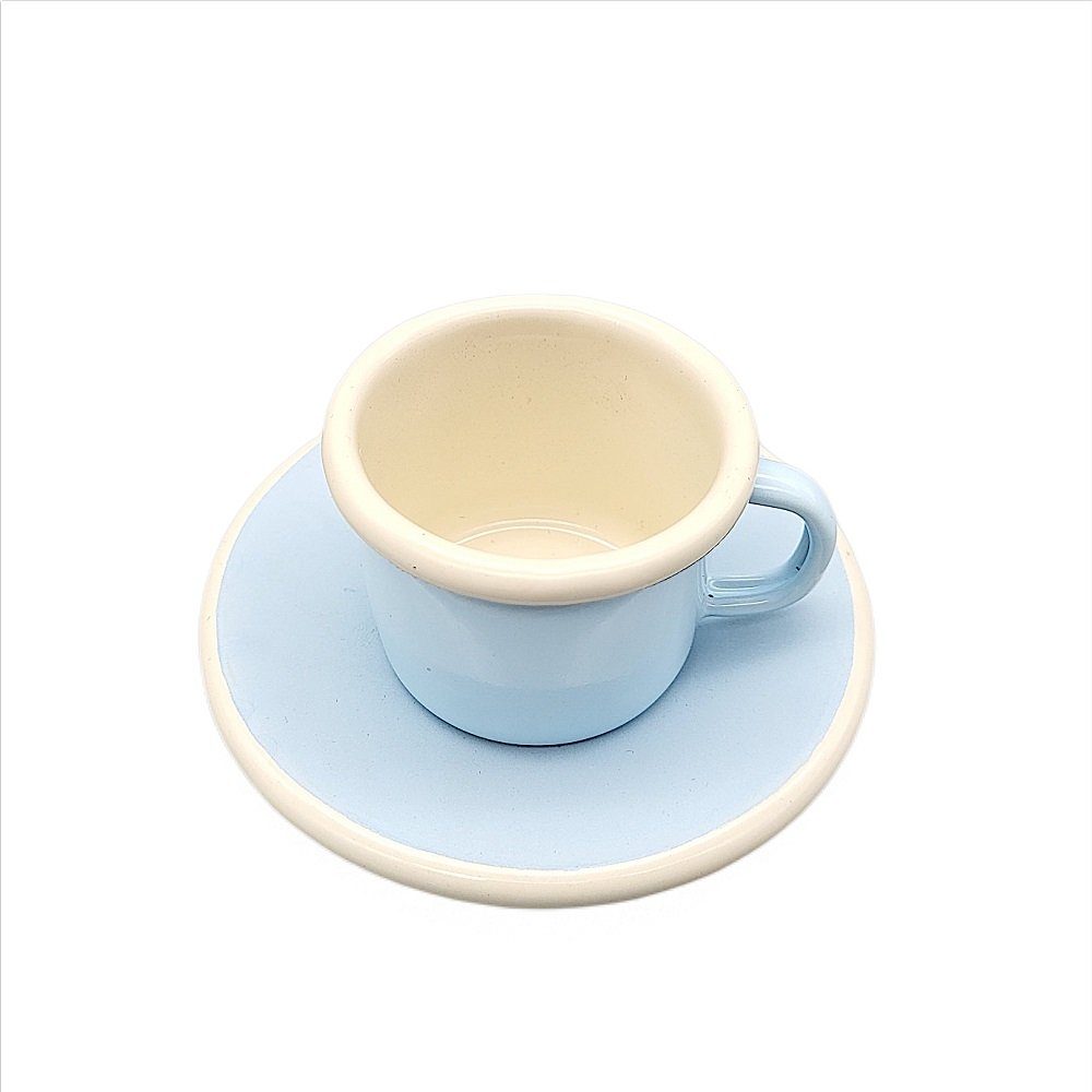 Emaille, Gedeck, Gedeck kleines Hellblau, Mokkagedeck Linoows Emaille Pastell Hellblau Espresso Untertasse Tasse und Tasse