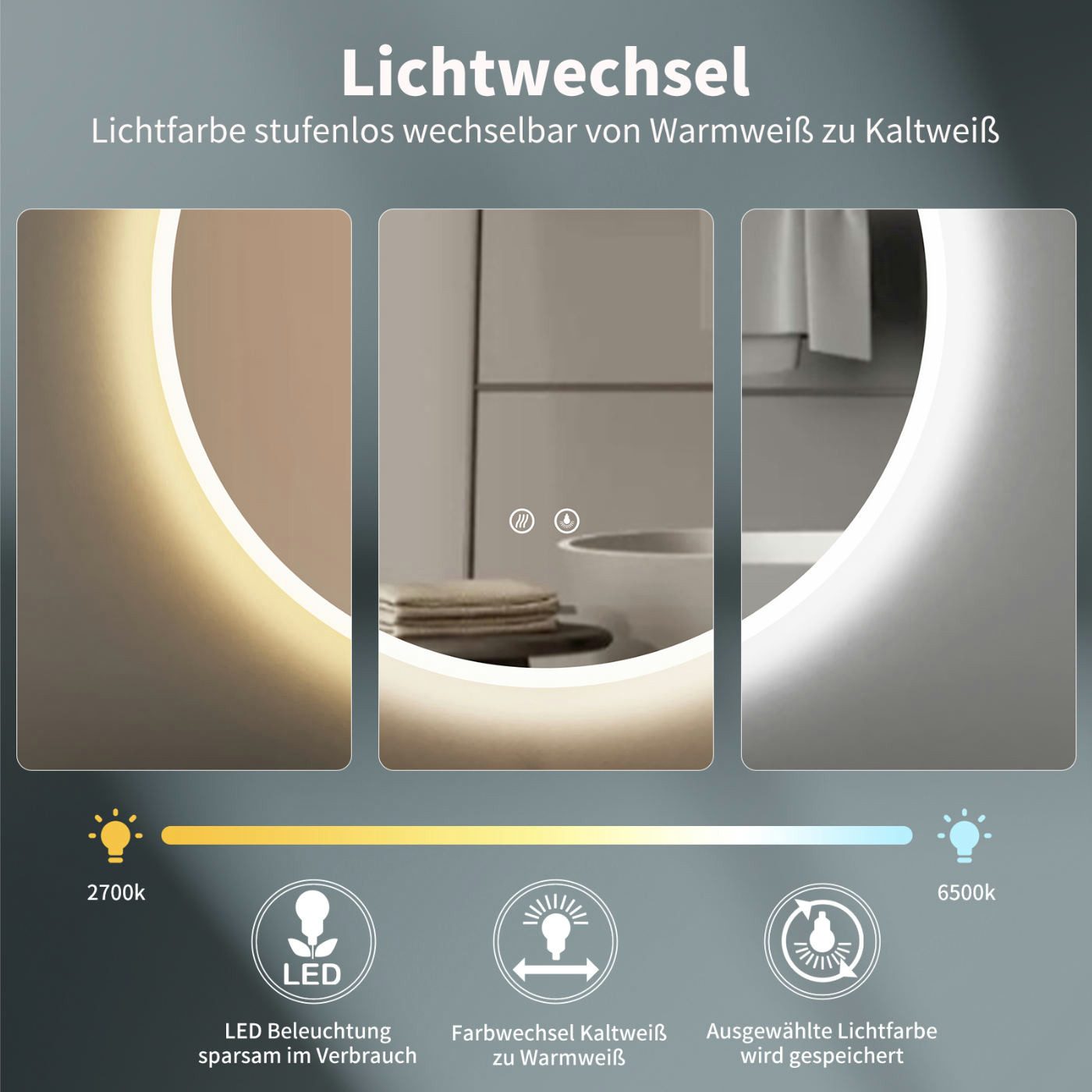 HOKO Badspiegel rund mit Beleuchtung, Anti-Beschlag und Memory-Funktion (LED-Wandspiegel mit Farbwechsel von 2700 bis 6500k, steuerbar über Touch-Schalter oder  – Bild 4 von 5