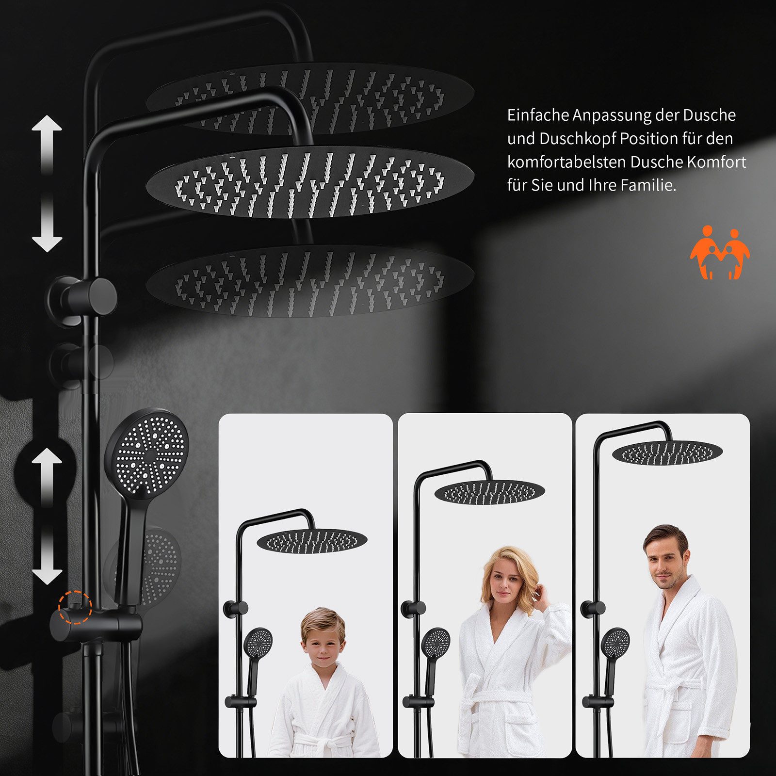HOMELODY Duschsystem 30cm Regendusche Edelstahl Schwarz Chrom Rund Eckig, Duschset Edelstahl Umsteller höhenverstellbar PVC Schlauch ohne Bohren – Bild 5 von 5