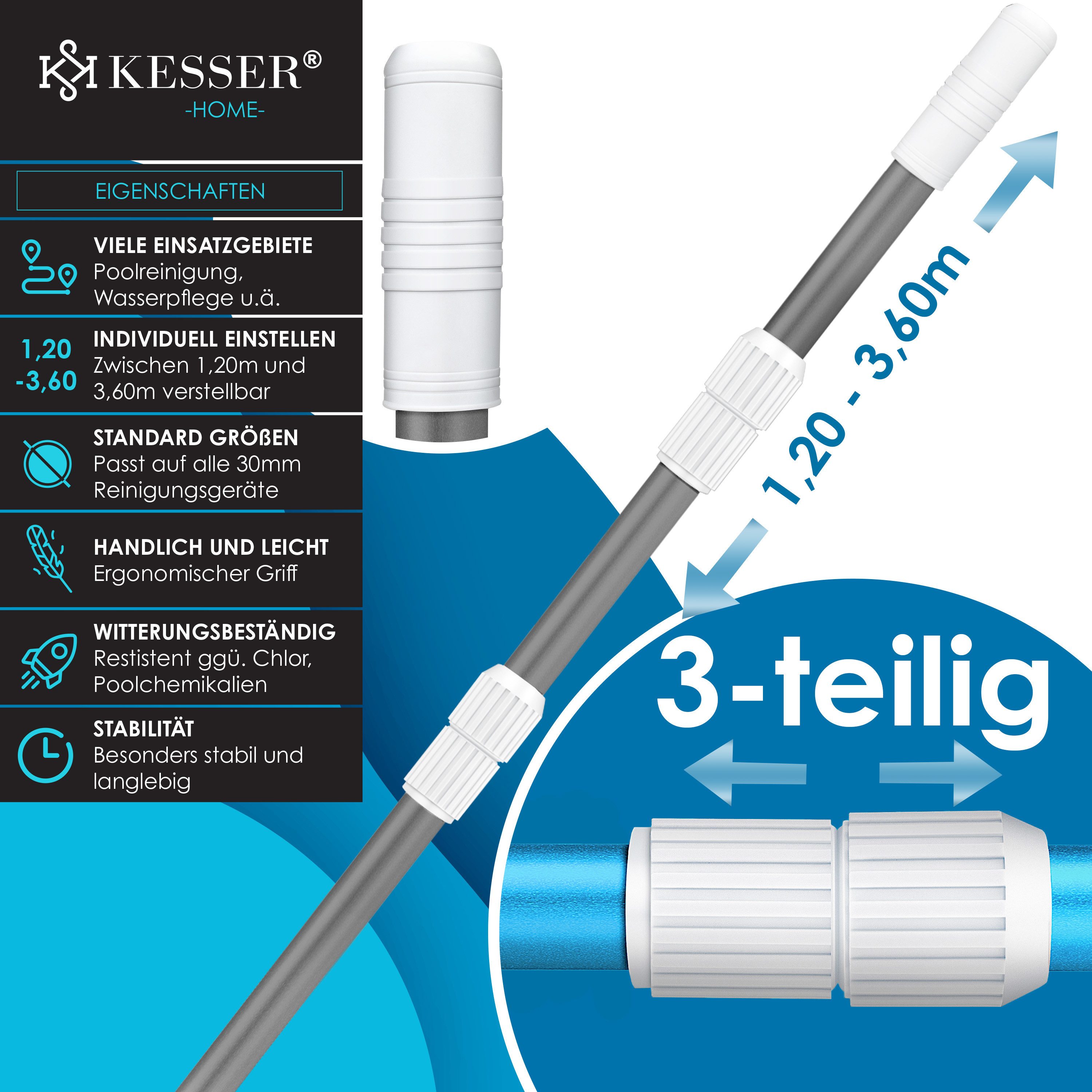 KESSER Teleskopstiel aus Aluminium Teleskopstange zur Poolreinigung von 1,2m bis max. 3,6m, Stange zur Poolpflege ideal für Poolkescher, Poolbürste & Pool Zubehör